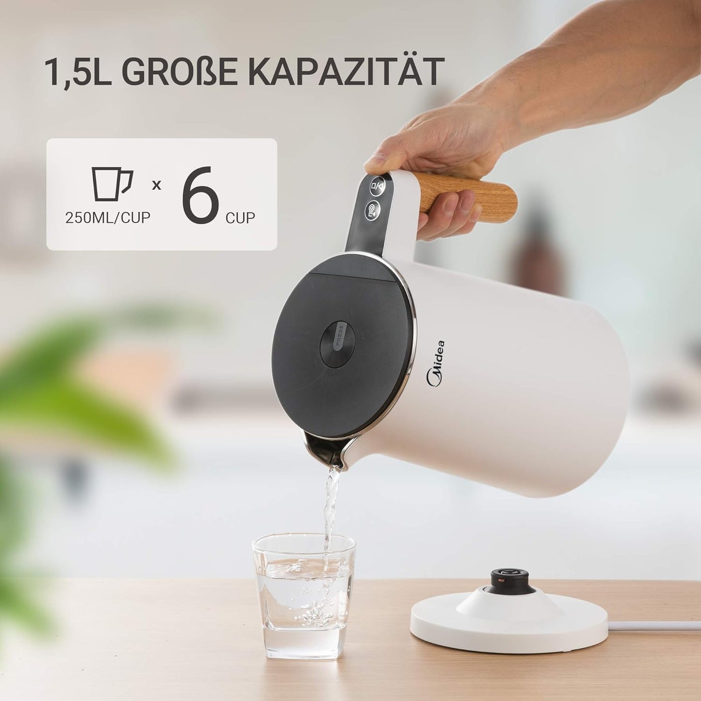 Midea Wasserkocher mit Temperatureinstellung (40, 60, 70, 80, 90, 100 Degree C),Edelstahl 1,7 Liter,Kettle 2200W mit Sichtfenster, Warmhaltefunktion für 60 Min