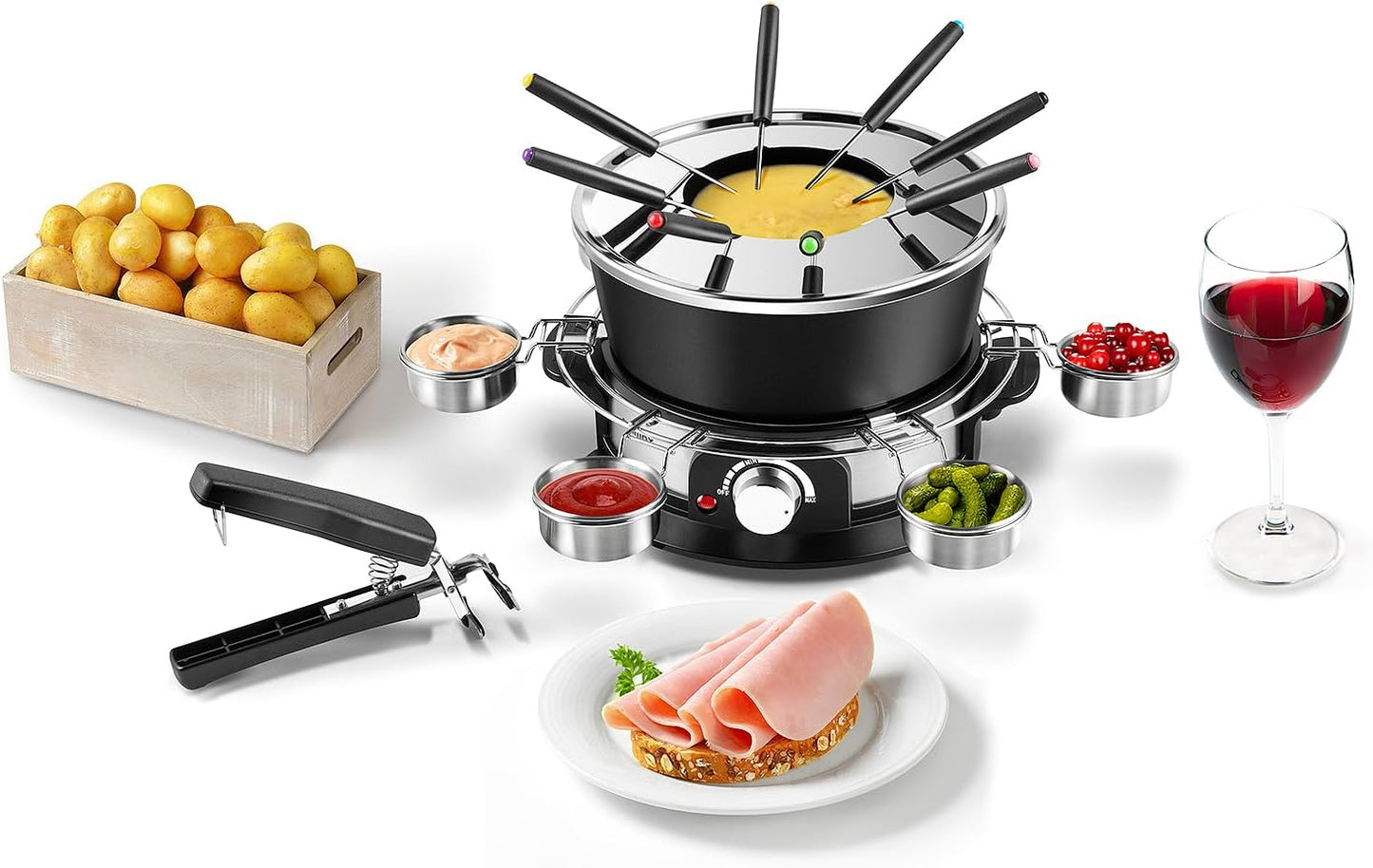 CUSIMAX Elektrisches Fondue-Set mit 1300W Leistungsregelung für Käse, Schokolade, Öl und Brühe, 2L Antihaft-Elektro-Fondue-Topf mit 8 Gabeln, 6 Tassen und abnehmbarem Anti-Verbrühungs-Griff