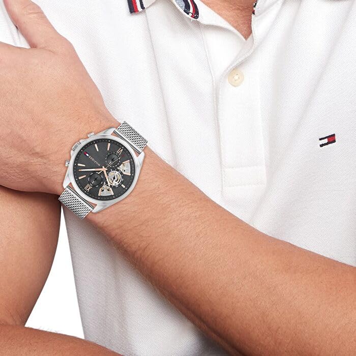 Tommy Hilfiger Multi Zifferblatt Quarz Uhr für Herren mit Silbernes Edelstahl-Mesh-Gliederarmband und Lederarmband