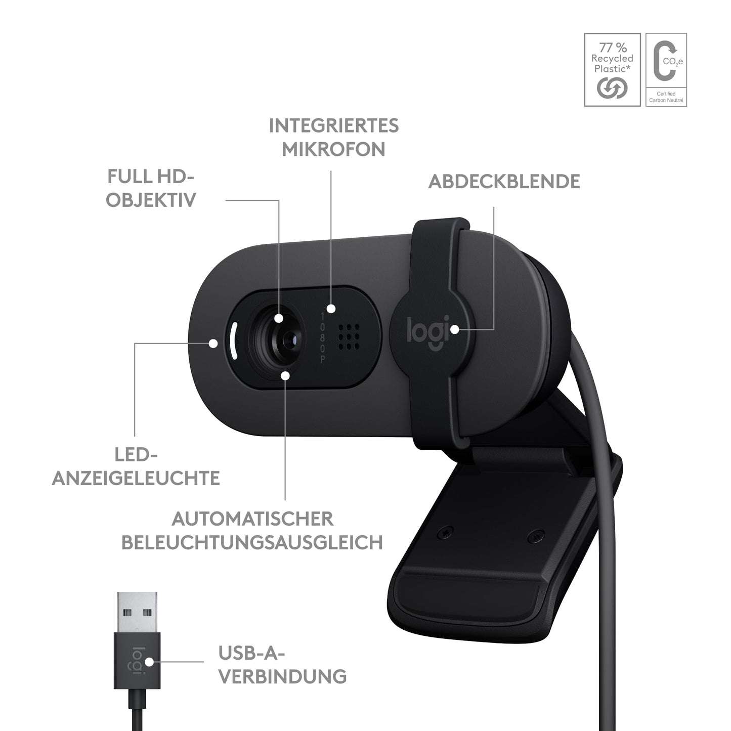 Logitech Brio 100 Full HD-Webcam für Meetings und Streaming, Auto-Lichtausgleich, integriertes Mikrofon, Abdeckblende, USB-A, für Microsoft Teams, Google Meet, Zoom und mehr - Graphit