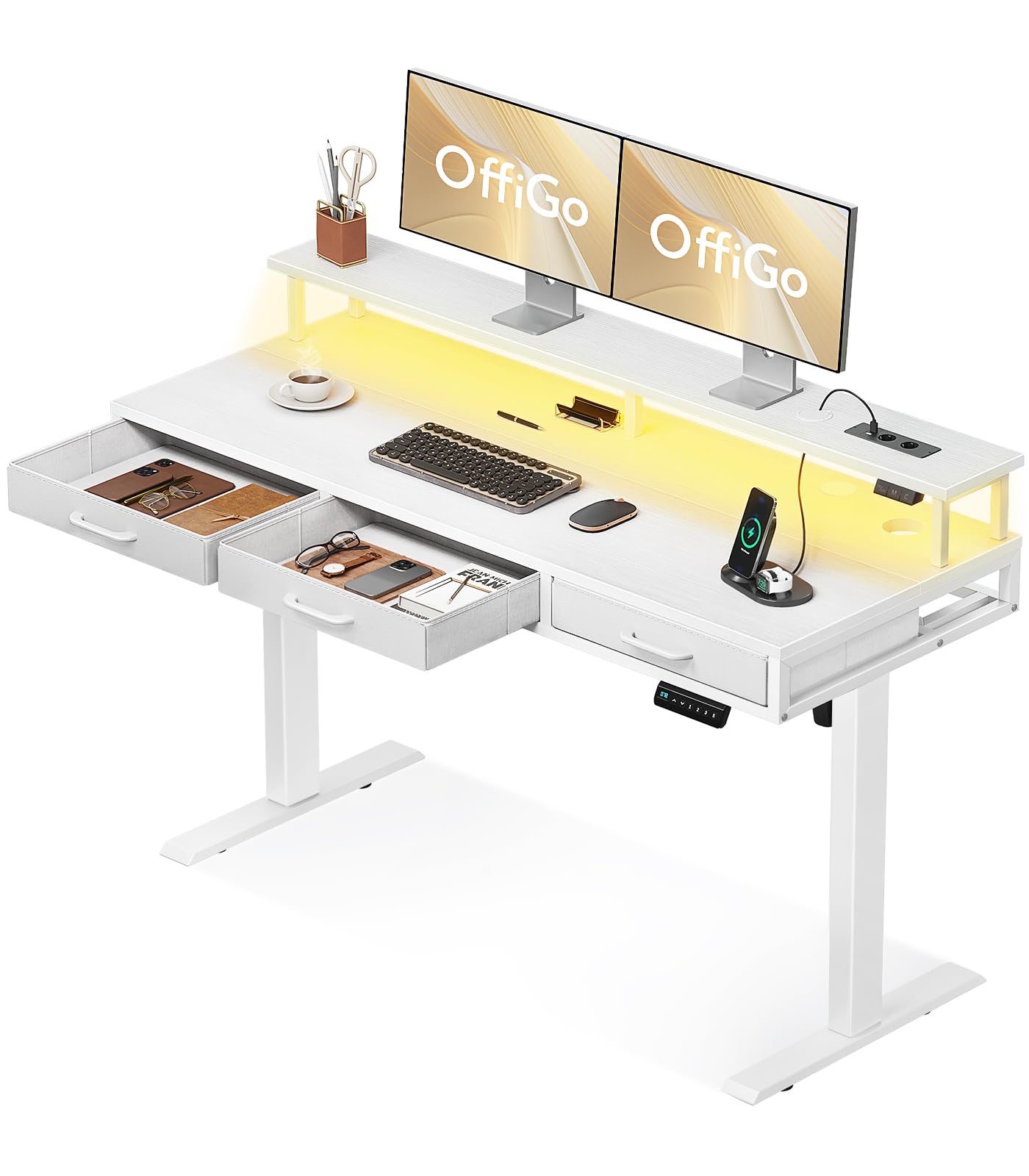 OffiGo Elektrischer Schreibtisch mit Schubladen, 120cm Höhenverstellbarer Schreibtisch mit Monitorständer, Gaming Tisch mit Steckdosen und Lichtleiste, Tisch Höhenverstellbar Bürotisch, Weiß