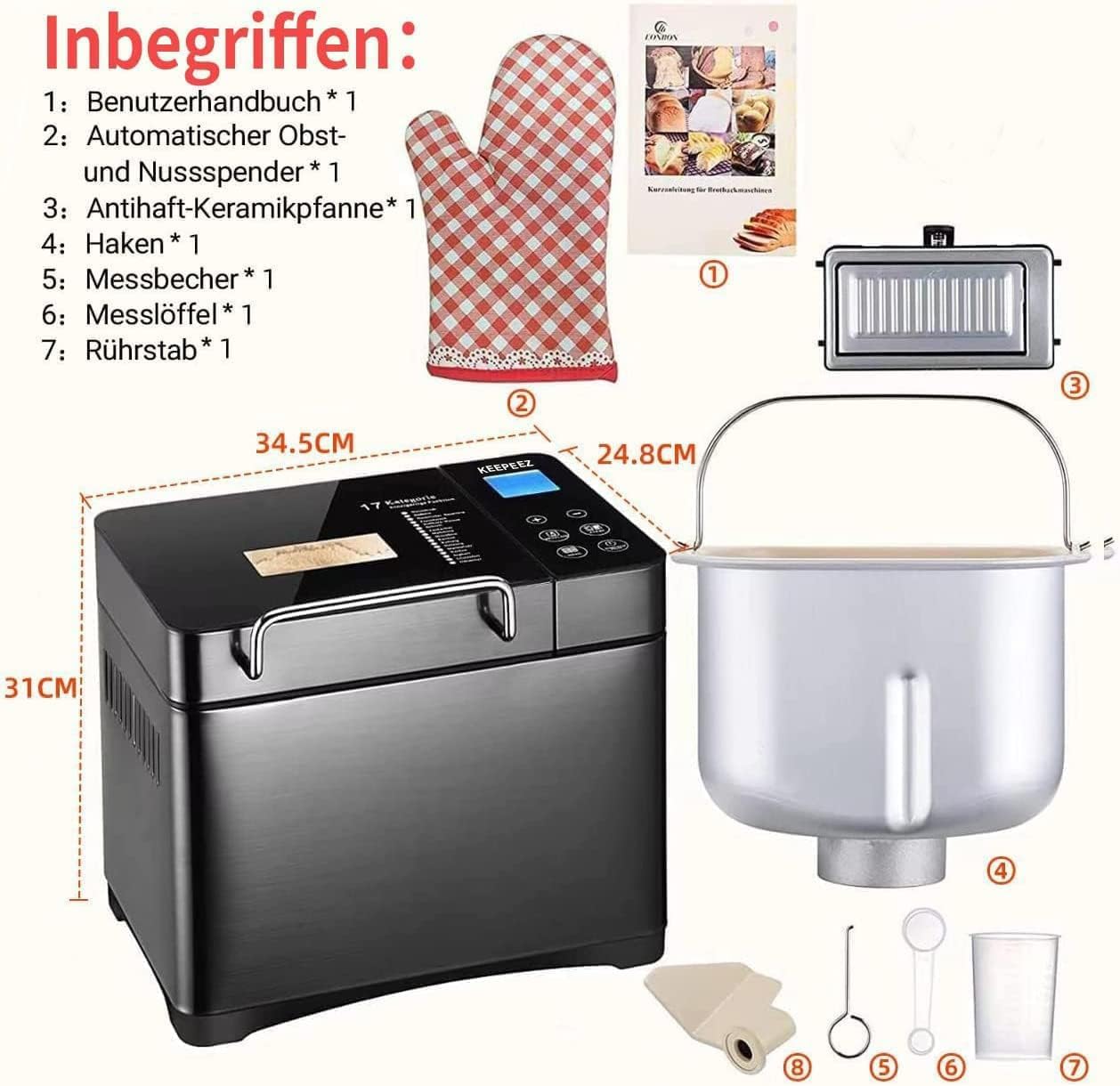 KEEPEEZ 2LB Brotbackautomat, Quarz Schnellheizer Brotbackautomaten Edelstahl with Keramik-Pfannen, 17-in-1 Brotbackmaschine with Auto Nut Dispenser, 2 Paddles, 3 Brotgrößen and 3 Backfarben,Glutenfrei