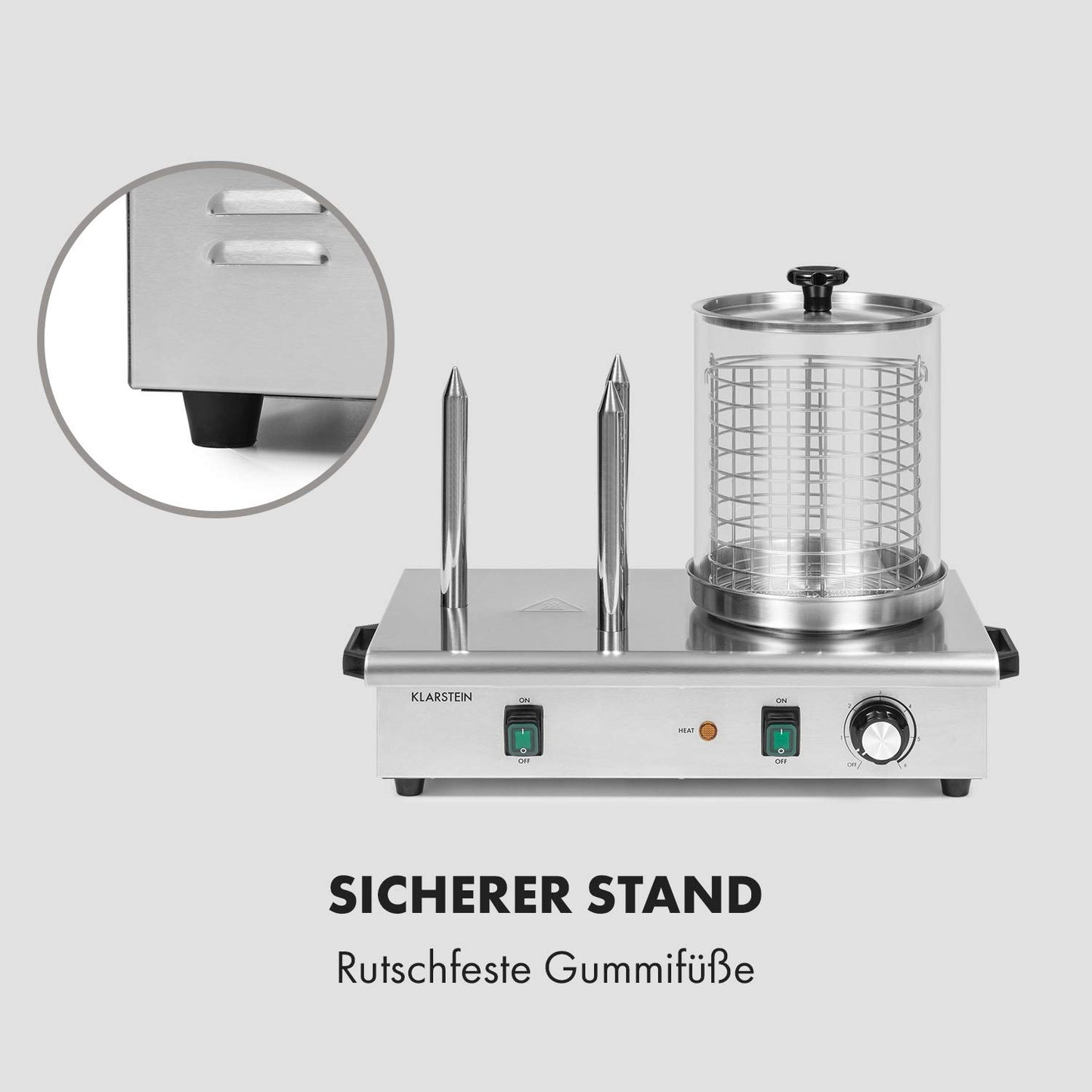 Klarstein Wurstfabrik Pro 550 Hot Dog Maker, 550 Watt, 2 Heizspieße, Temperaturregler 30-100 °C, Glaszylinder: Ø 20 cm, Edelstahlkäfig: Ø 17 cm, Edelstahlgehäuse,Profi Würstchenkocher, silber