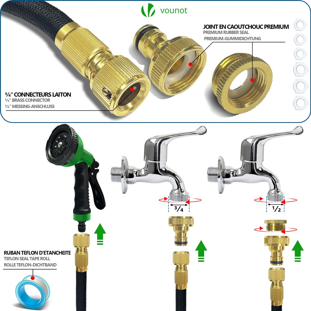 VOUNOT® Flexibler Gartenschlauch 30 m, Flexibel Wasserschlauch Dehnbarer mit 10 Sprühfunktionen, Schnelladaptern und Wandhalterung, Schwarz