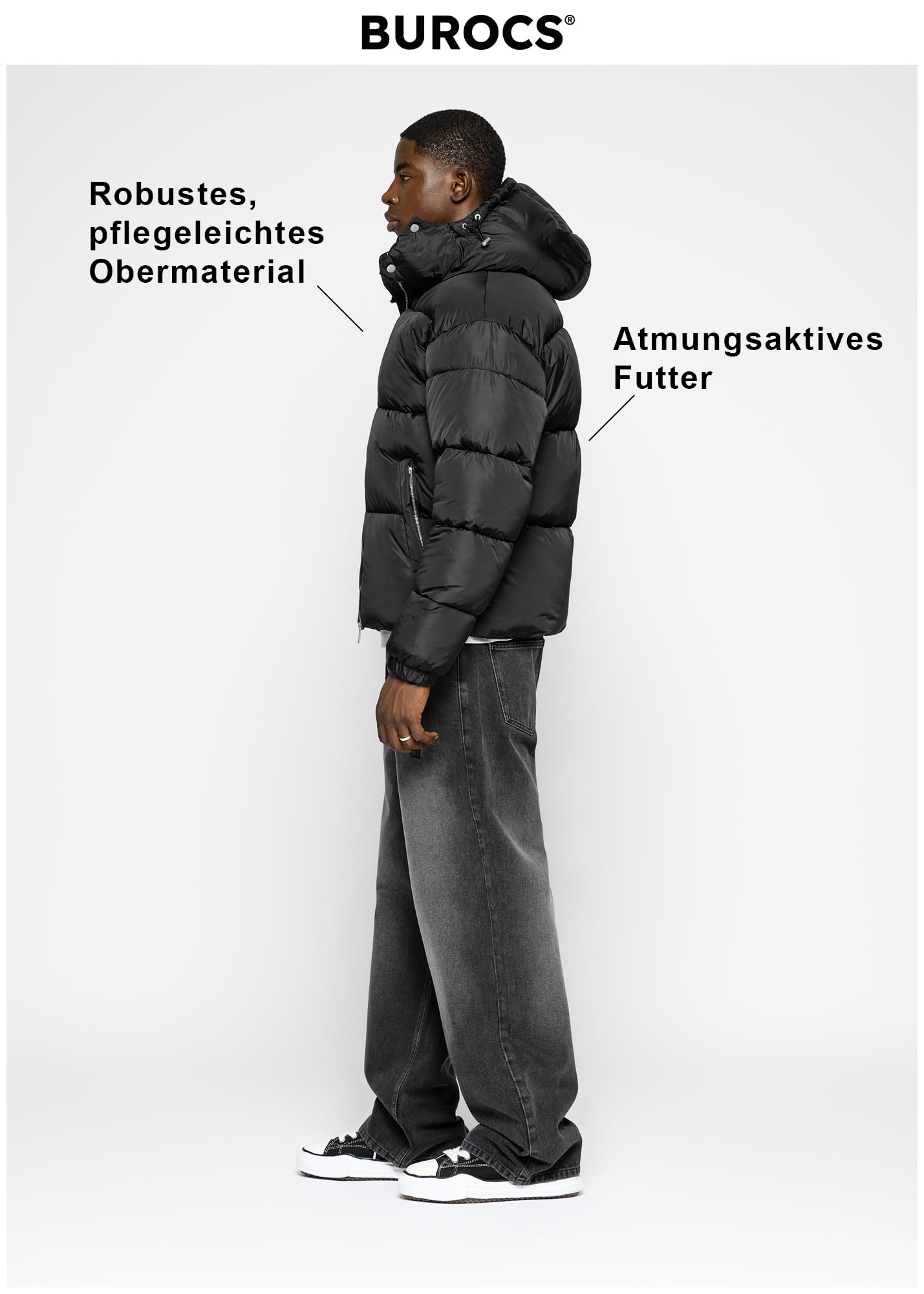Burocs Hooded Puffer Jacket - Black - Jacke Herren - 2-Wege-Reißverschluss - abnehmbare Kapuze - Logo am Rücken - Kordelzug
