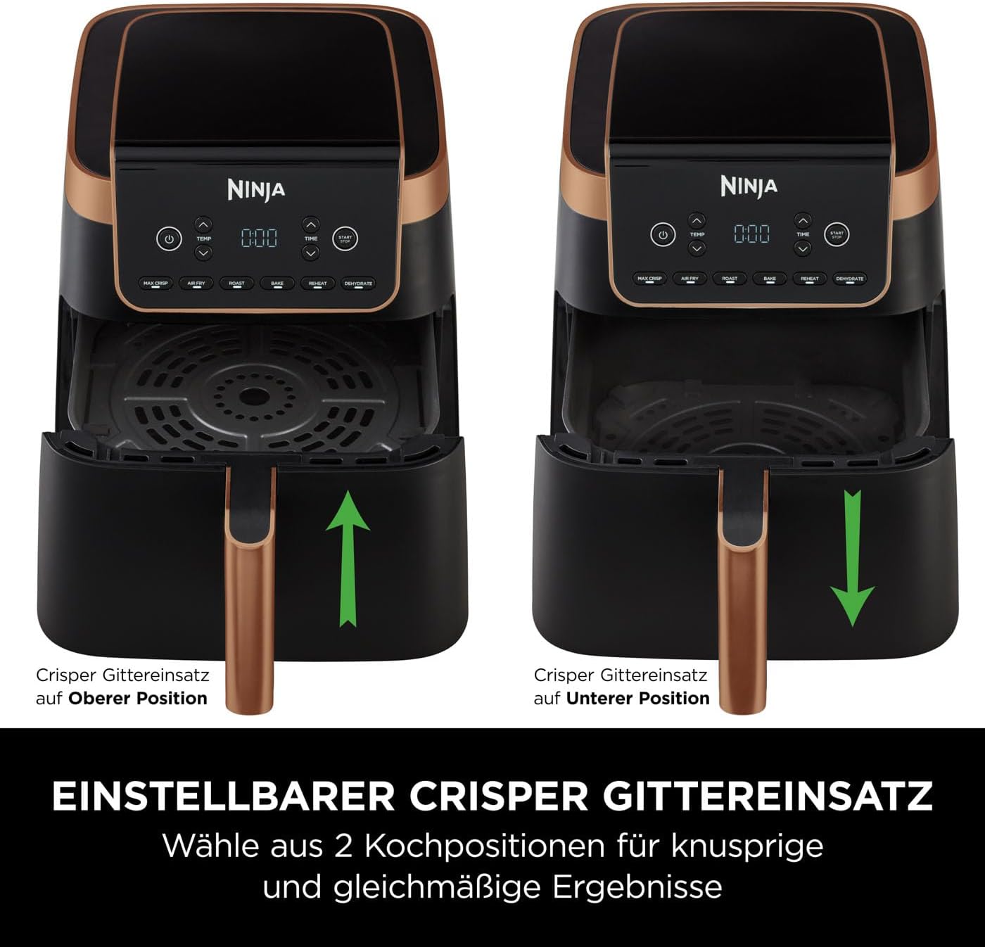 Ninja Heißluftfritteuse MAX PRO, 6,2 L, ölfrei, große Schublade, Rösten, Backen, Air Fry, Antihaftbeschichtet, Spülmaschinenfester Korb & Crisper Gittereinsatz, Silikonzange, Schwarz/Kupfer, AF180EUCP