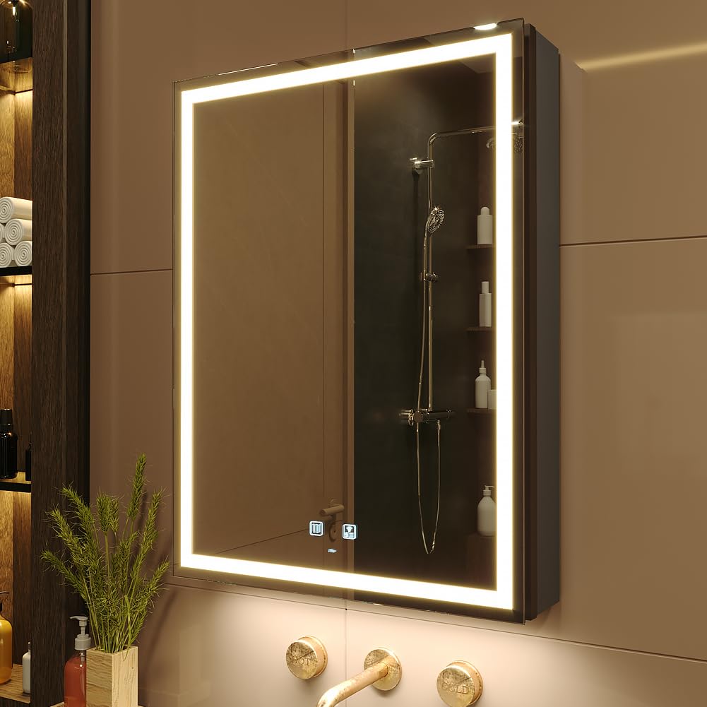 KWW LED Beleuchtetes Badezimmer Medizin Kabinett mit Spiegel, Farbtemperatur Einstellbar, Anti-Nebel Dimmbare Lichter, Steckdosen für USBs (80 x 70 cm)