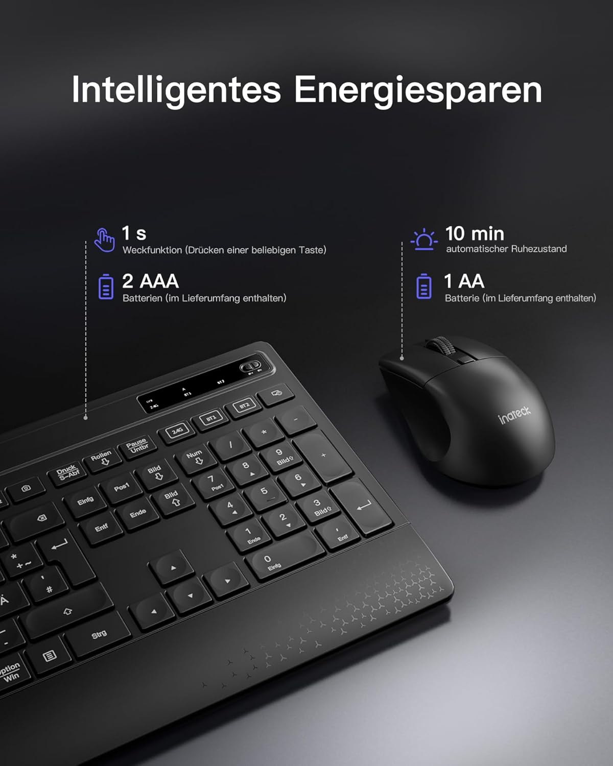 Inateck Tastatur Maus Set Kabellos,Tastatur in voller Größe mit Handballenauflage, Telefonhalter, 2,4 GHz Kabellose/Bluetooth Geräuschlose für Mac, Windows, Computer, Laptop, PC