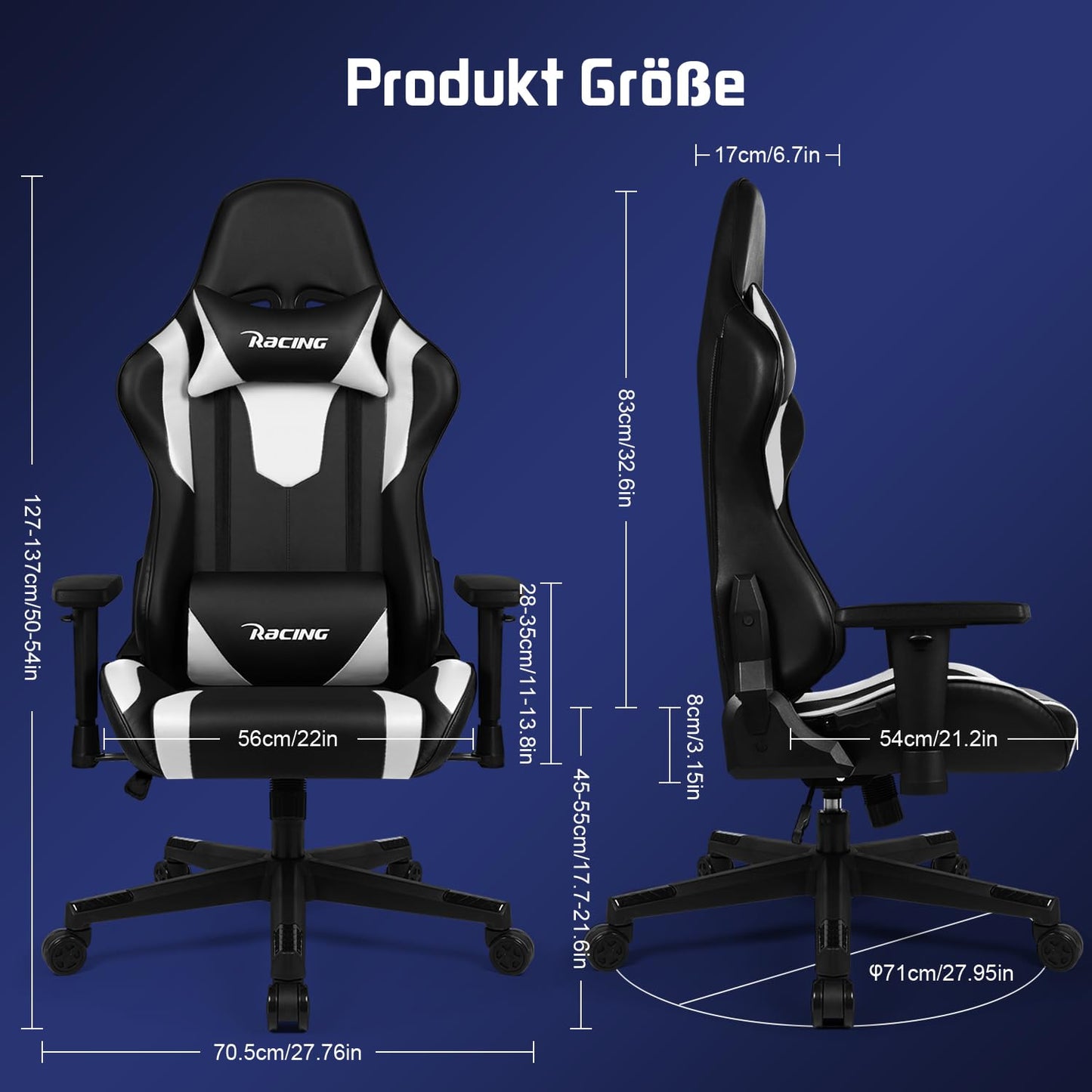Homimaster Gaming Chair, Ergonomic Office Chair with Adjustable Lumbar Cushion, Head Cushion and Armrests, Padded Gaming Chair, Gamer Chair with Rocking Function, Gaming Chair 150 kg Load Capacity