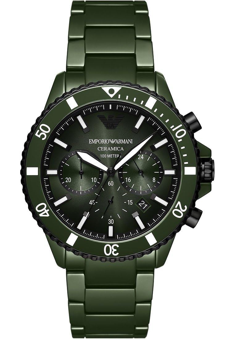 Emporio Armani Uhr für Männer, 2 Unterzifferblätter Chronographenwerk und 43mm Gehäusegröße mit Edelstahl-, Leder- oder Silikonarmband