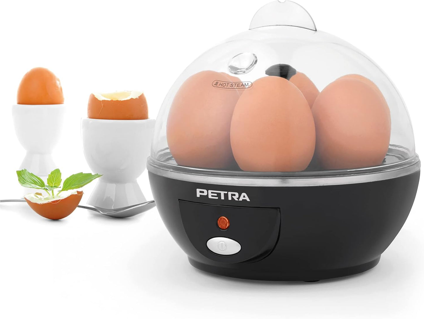 Petra PT2783VDEEU7 Elektrischer Eierkocher - Bereiten Sie Bis Zu 6 Eier Vor, BPA Frei, Kompakter, Drei Siedestufen (weich/mittel/hart), Herausnehmbare Pochierte Eischalen, 430W, Enthält Messbecher