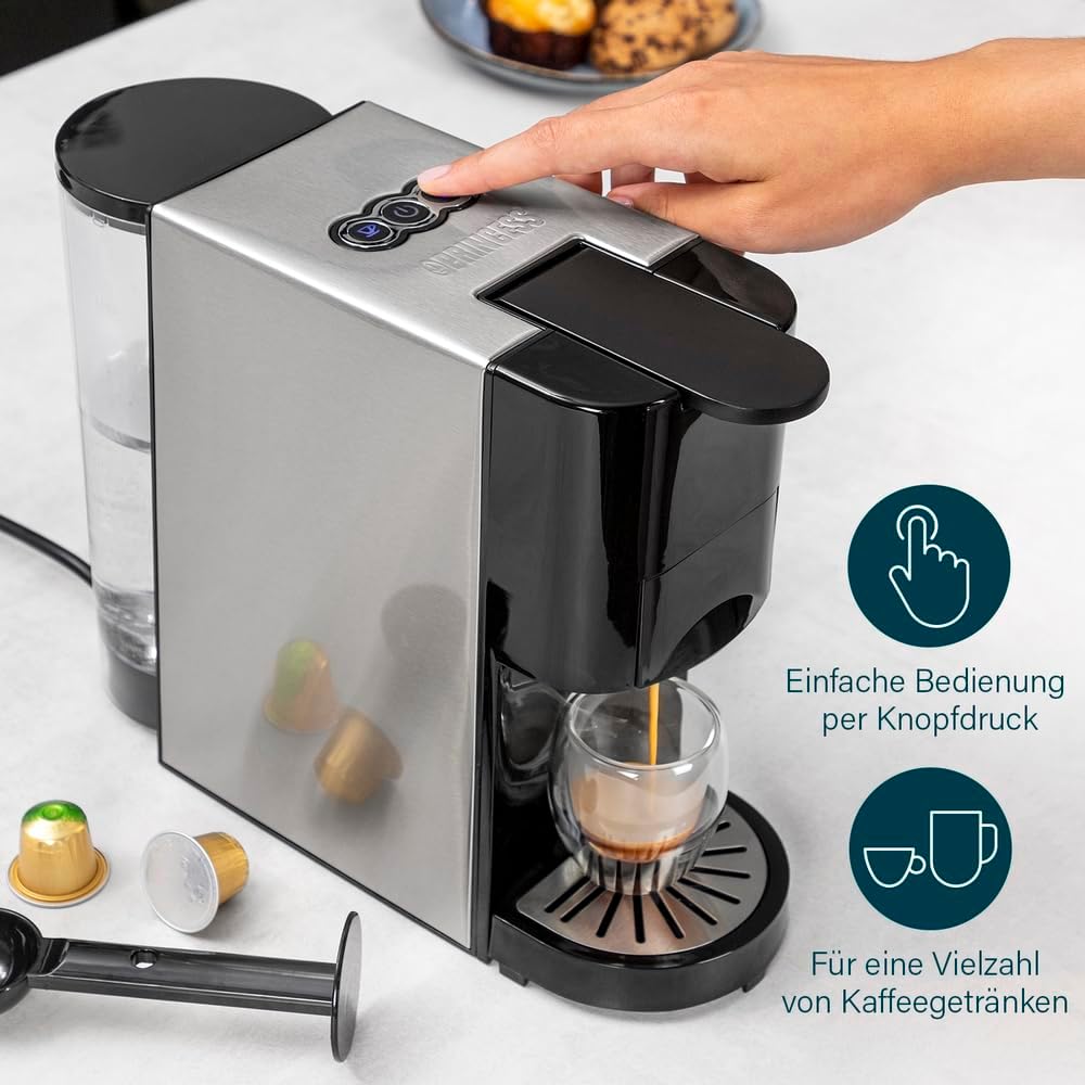 Princess Multicapsel Coffee Machine 4-in-1 - 1450 Watt, Capsule, Pads, Ground Coffee, BPA-Free, Black, Silver