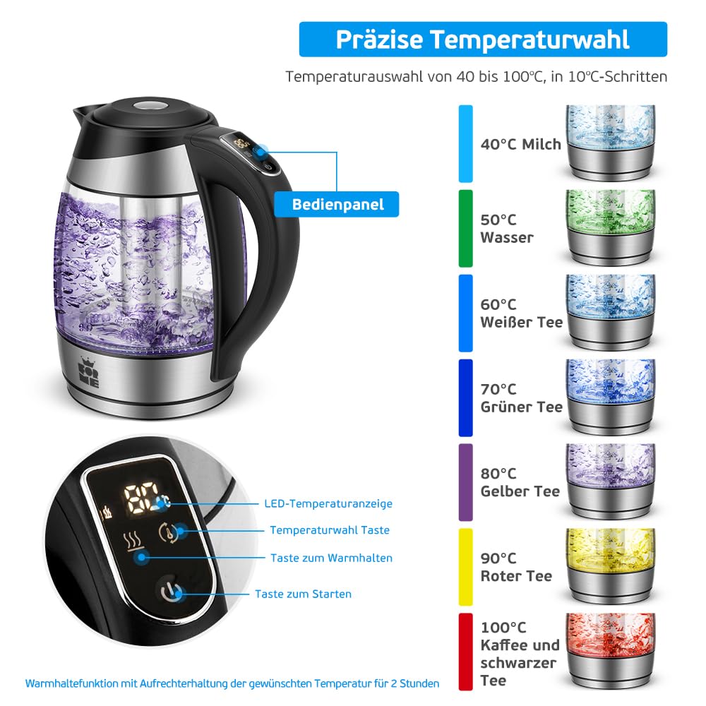 ForMe Glas Wasserkocher 1,8 Temperatureinstellung Temperaturwahl 40°C-100°C Farbwechsel LED I BPA FREI I Temperatur Einstellbar Teekocher Glaskessel Teekessel Glaswasserkocher mit Warmhaltefunktion