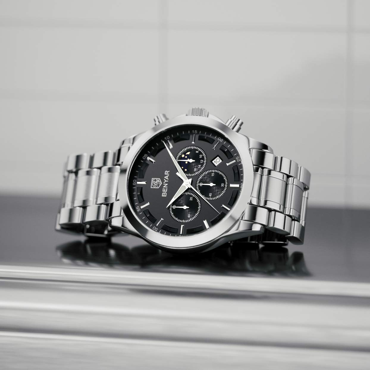 BY BENYAR Uhren Herren Chronograph Analog Quarz Wasserdicht Armbanduhr Herren Mode Lässig Business Herrenuhr mit Kalender Lederarmband/Edelstahlarmband Uhr Geschenk für Männer