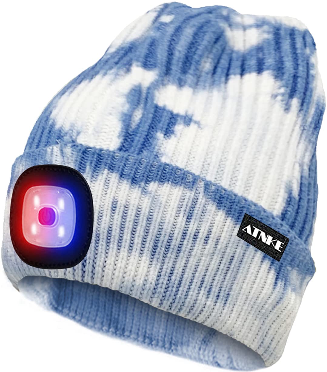 ATNKE LED Beleuchtete Mütze,Wiederaufladbare USB 4 LED Rot und Blau Leuchten Blinkender Laufmütze mit Licht Extrem Heller Lampe Winter Warme für Herren und Damen Geschenke