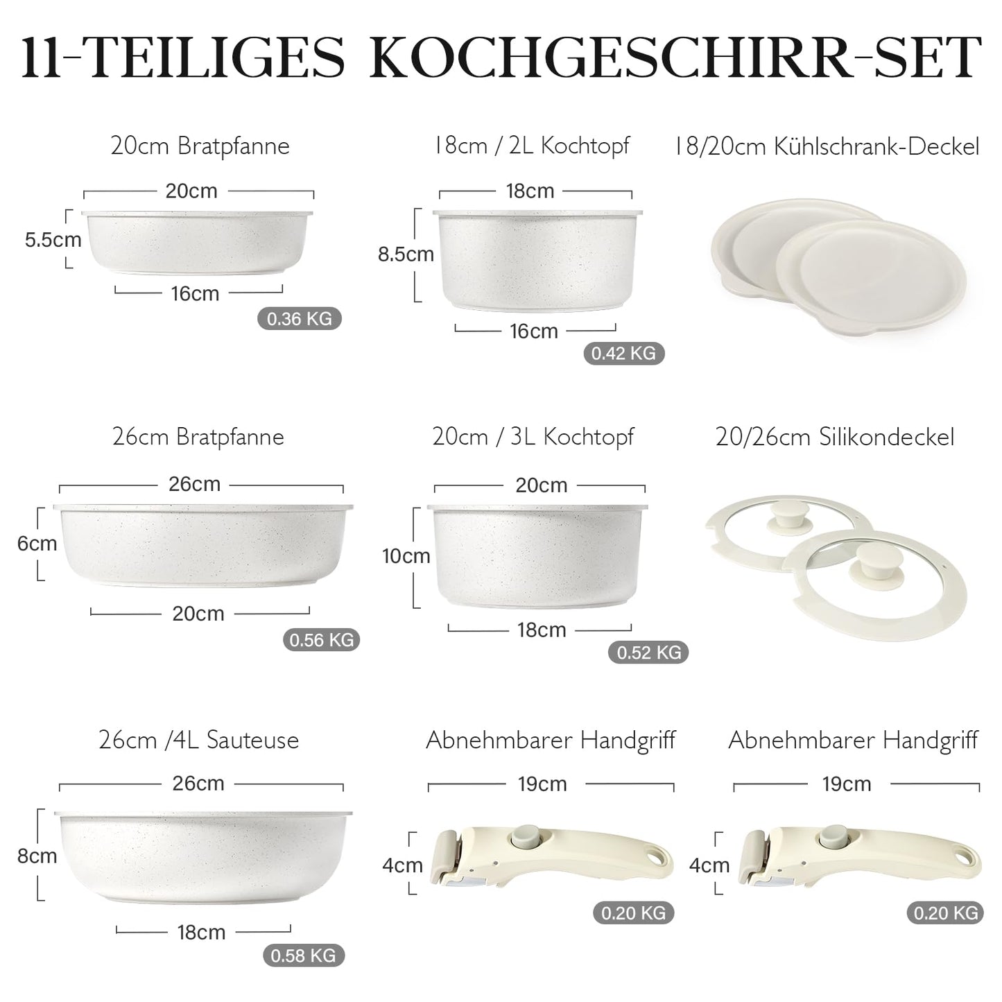 GiPP Topfset mit Abnehmbarer Griff, 11-Teilig Topf und Pfannenset mit Antihaft Beschichtet, Topfset Induktion Kochtopf Set, Backofenfest, für Alle Herdarten, PTFE/PFOA-frei, Weiß