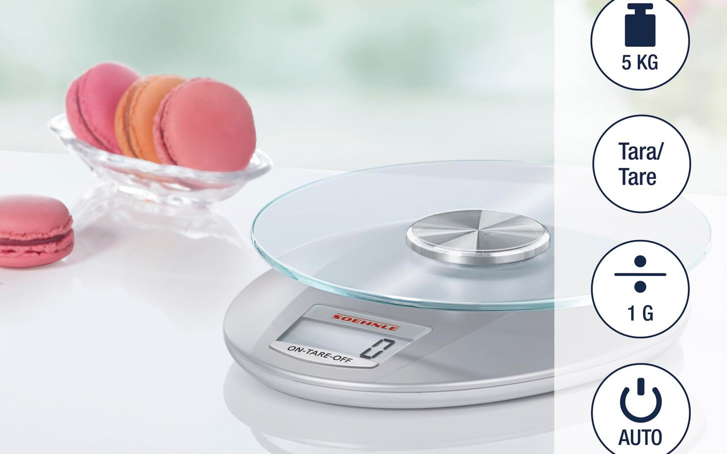Soehnle Küchenwaage Roma mit 5 kg Tragkraft und 1-g-Wiegepräzision, Küchenwaage digital mit praktischer Zuwiegefunktion (TARA),Waage für die Küche mit LCD-Anzeige und Abschaltautomatik, silber