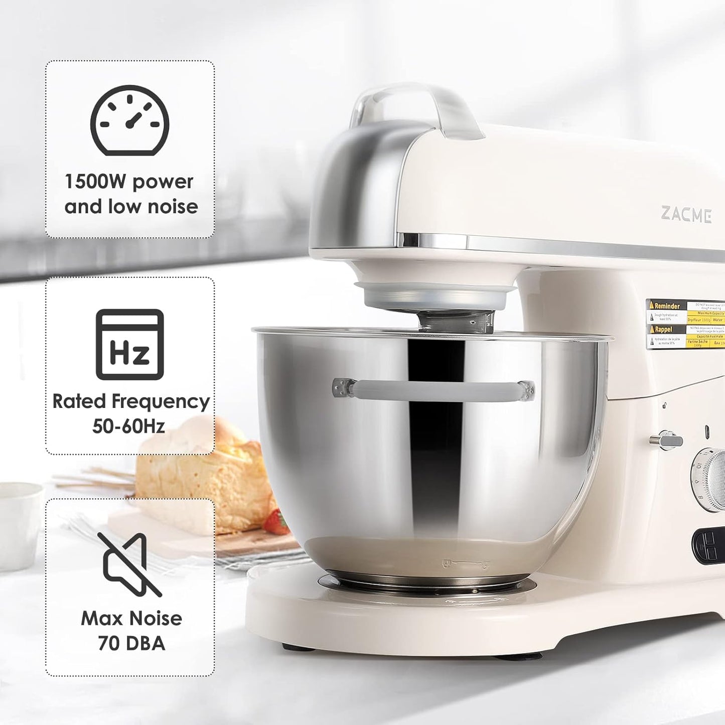 ZACME Profi Küchenmaschine Knetmaschine Aluminiumgussgehäuse(1500W),7L Edelstahlschüssel Teigmaschine mit LED-Touchscreen,Geräuscharme Rührmaschine,3 Rühraufsätze und Spritzschutz,11 Geschwindigkeit