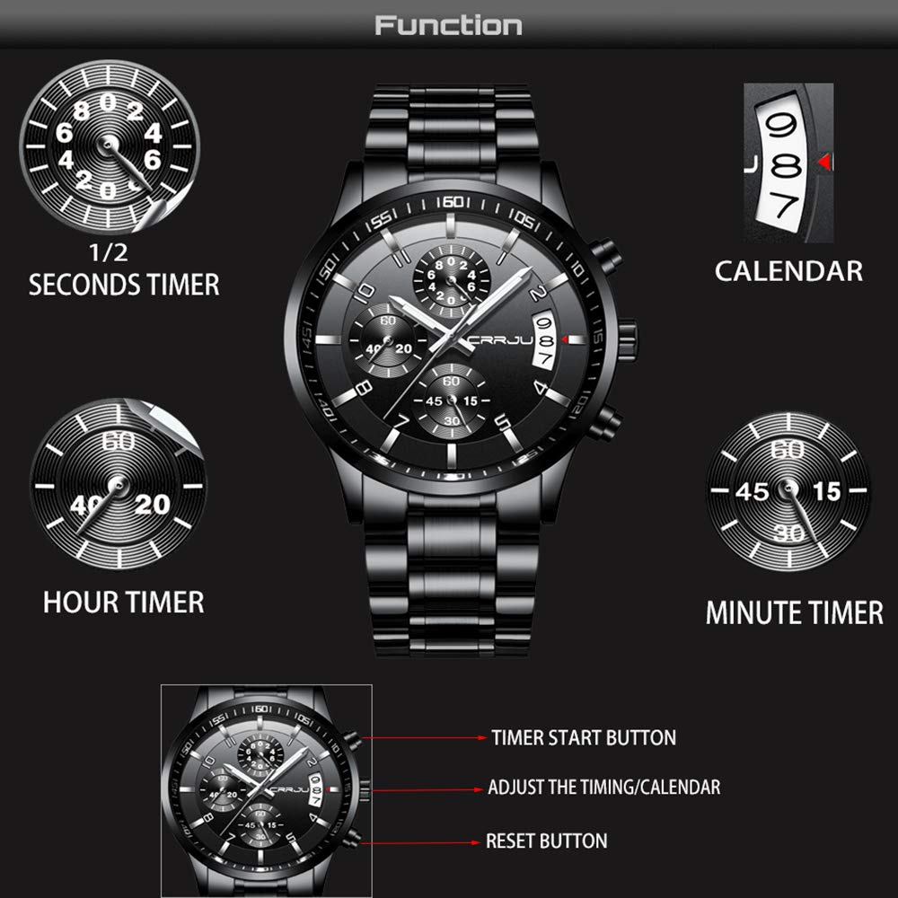 CRRJU Herren Uhr Business Edelstahl wasserdichte Chronographen mit Kalender Armbanduhr Edelstahlband Stoppuhr Analog Quarzuhr