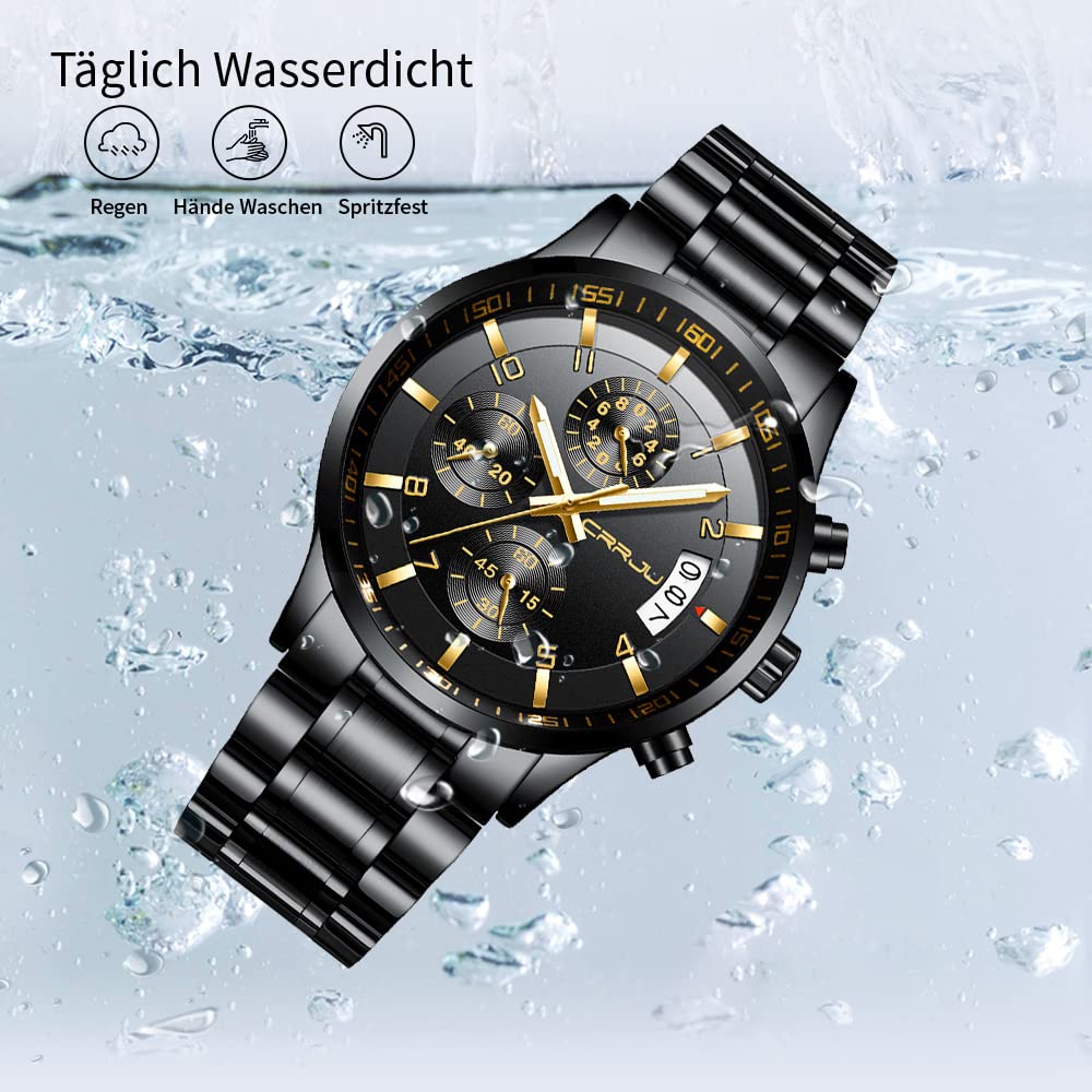 CRRJU Herren Uhr Business Edelstahl wasserdichte Chronographen mit Kalender Armbanduhr Edelstahlband Stoppuhr Analog Quarzuhr