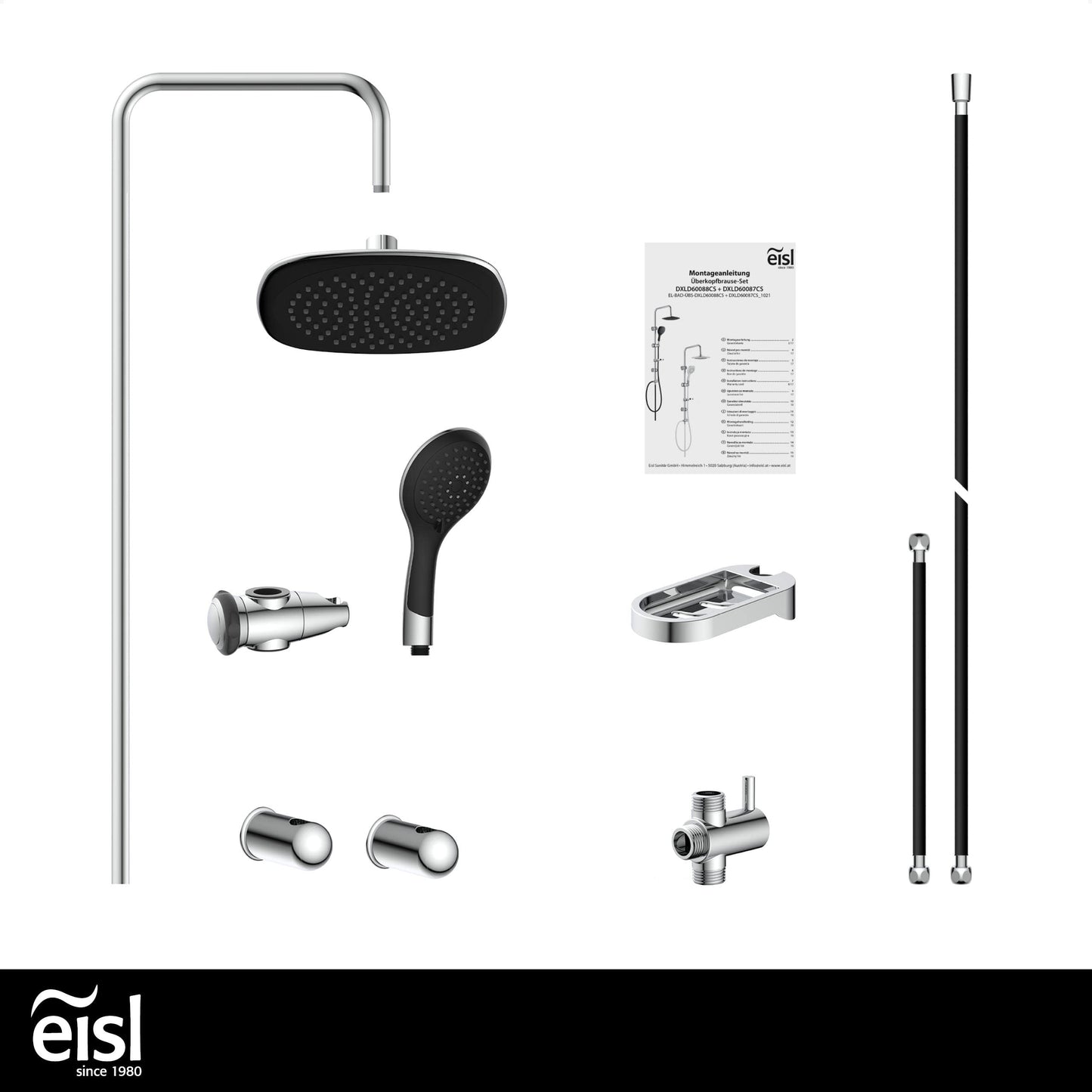 EISL Duschset EASY FRESH, Duschsystem ohne Armatur 2 in 1 mit großer Regendusche (250 x 200 mm) und Handbrause, Regendusche ohne Armatur ideal zum Nachrüsten, komplettes Montageset, Chrom DX12006