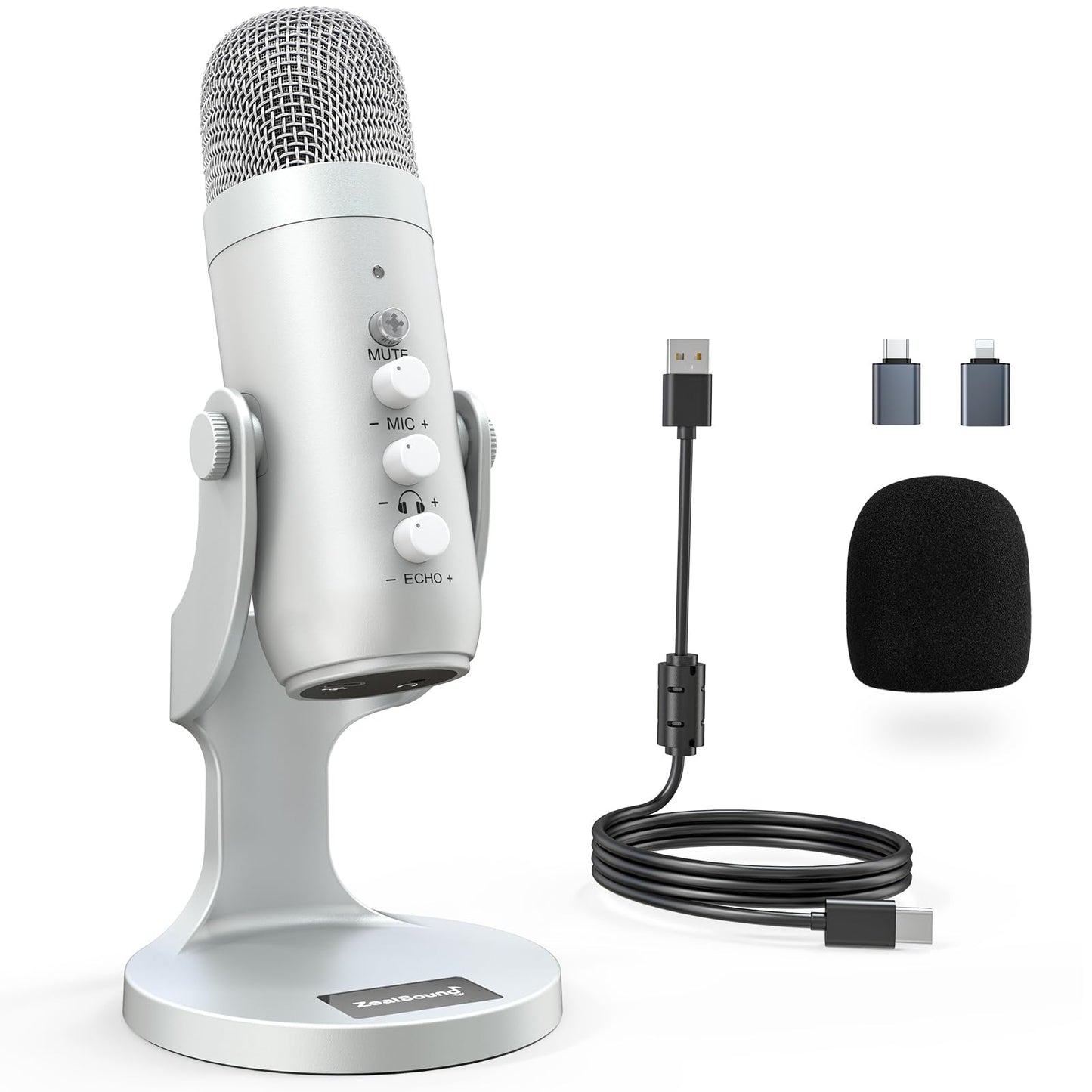 zealsound USB Mikrofon, Kondensator Mikrofon für PC Handy, PS4, PS5, Microphone PC USB C für Gaming, Podcast,Aufnahmen,Streaming,ASMR mit Stumm/Gain/Echo, Adapter für Phone,Kompatibel mit Mac, Winows