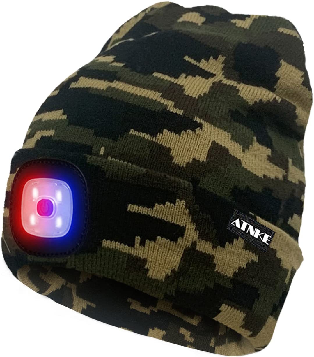 ATNKE LED Beleuchtete Mütze,Wiederaufladbare USB 4 LED Rot und Blau Leuchten Blinkender Laufmütze mit Licht Extrem Heller Lampe Winter Warme für Herren und Damen Geschenke