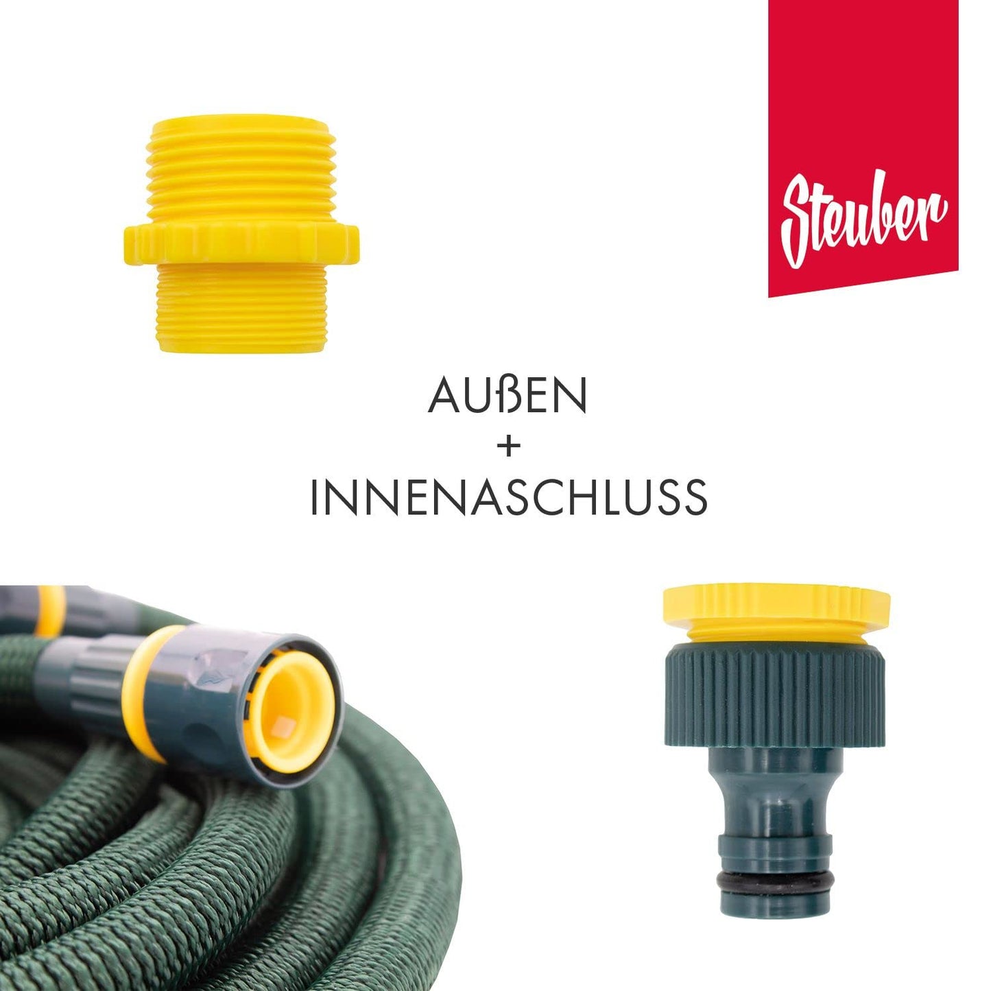 Steuber Flexibler Gartenschlauch Platinum GREEN mit 8 Sprühkopf-Funktionen, 8,3m, TÜV Süd Siegel, mit Innen- & Außenadapter