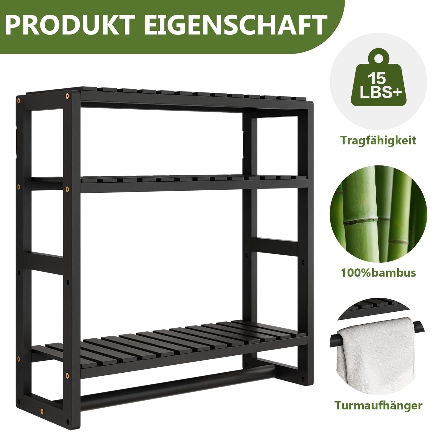 Bamworld Badezimmer Regal Badmöbel Bambus 3 Etagen Organizer Badezimmermöbel Für die Wand Platzsparend Modern (Schwarz)(42x15x42cm)