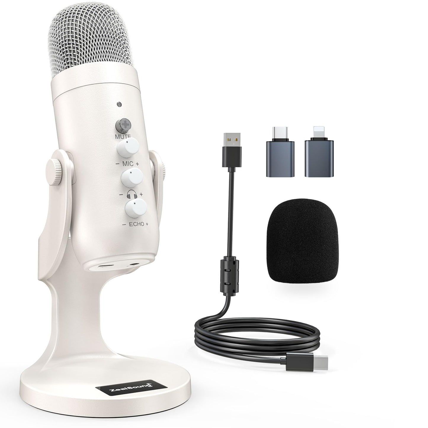 zealsound USB Mikrofon, Kondensator Mikrofon für PC Handy, PS4, PS5, Microphone PC USB C für Gaming, Podcast,Aufnahmen,Streaming,ASMR mit Stumm/Gain/Echo, Adapter für Phone,Kompatibel mit Mac, Winows