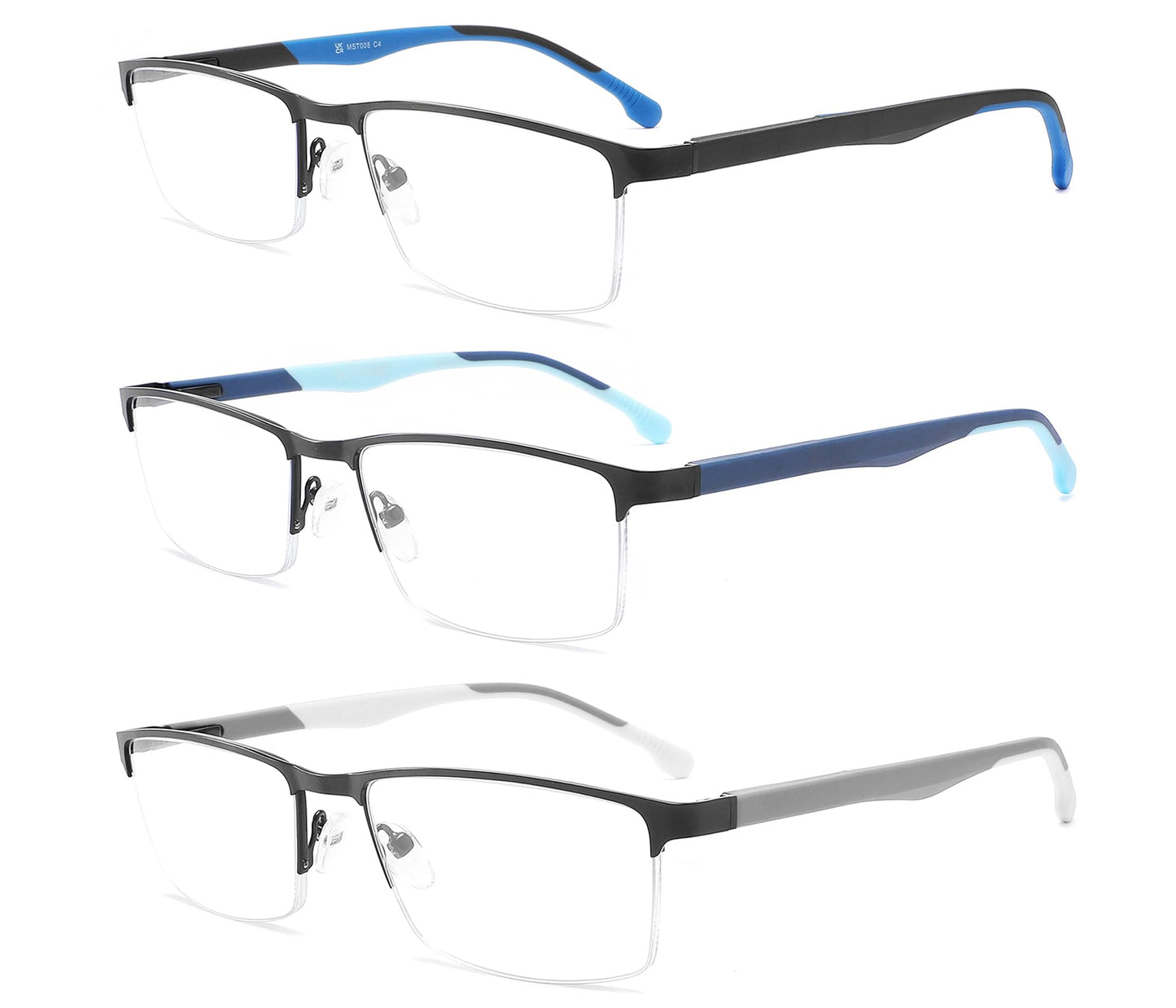 MODFANS 3er-Pack Lesebrille Herren Blaulichtfilter Metallrahmen Rechteck Stil Edelstahl Material