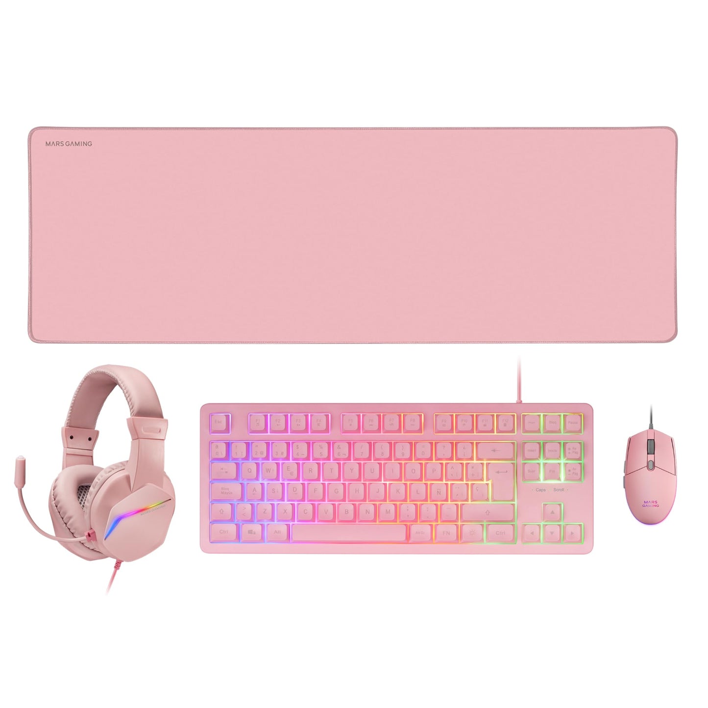 MARSGAMING MCP-RGB3, Pack Gaming Keyboard Fixed RGB + Gaming Mouse RGB Flow 3200 DPI + Headset Over-Ear RGB + XXL Mouse Pad, White, Portuguese Language