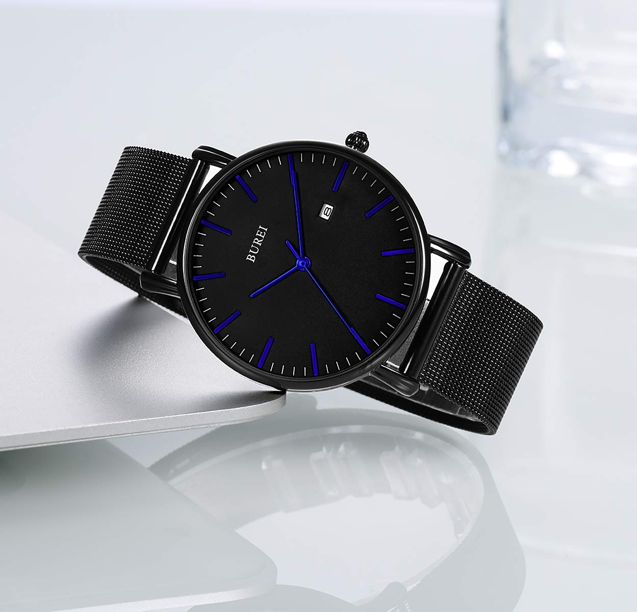 BUREI Ultra Dünne Uhren Herren Schwarze Analoges Datum Armbanduhr Herren mit Japanisches Quarzwerk, Geschenke für Männer