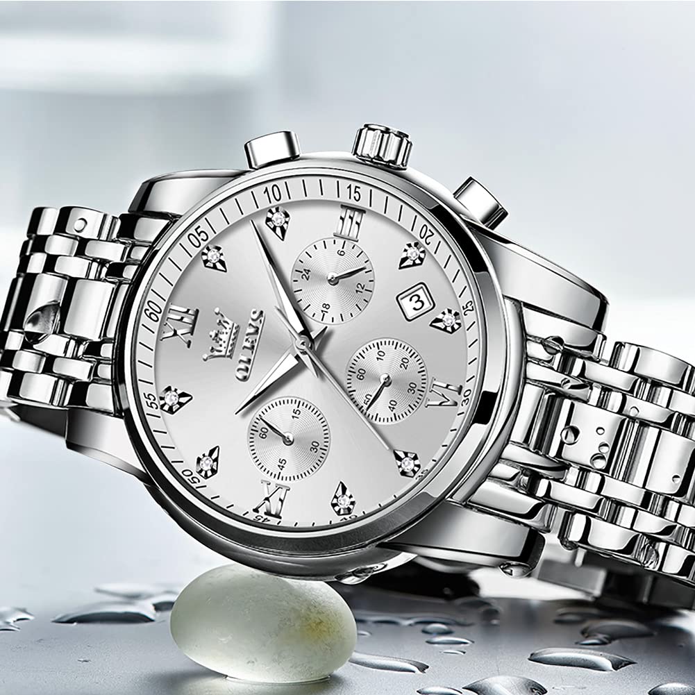 OLEVS Uhren Herren, Edelstahl Analoger Quarzuhr, Multifunktionale Diamanten Herrenuhren, Klassisches Luxuskleid Herrenuhr
