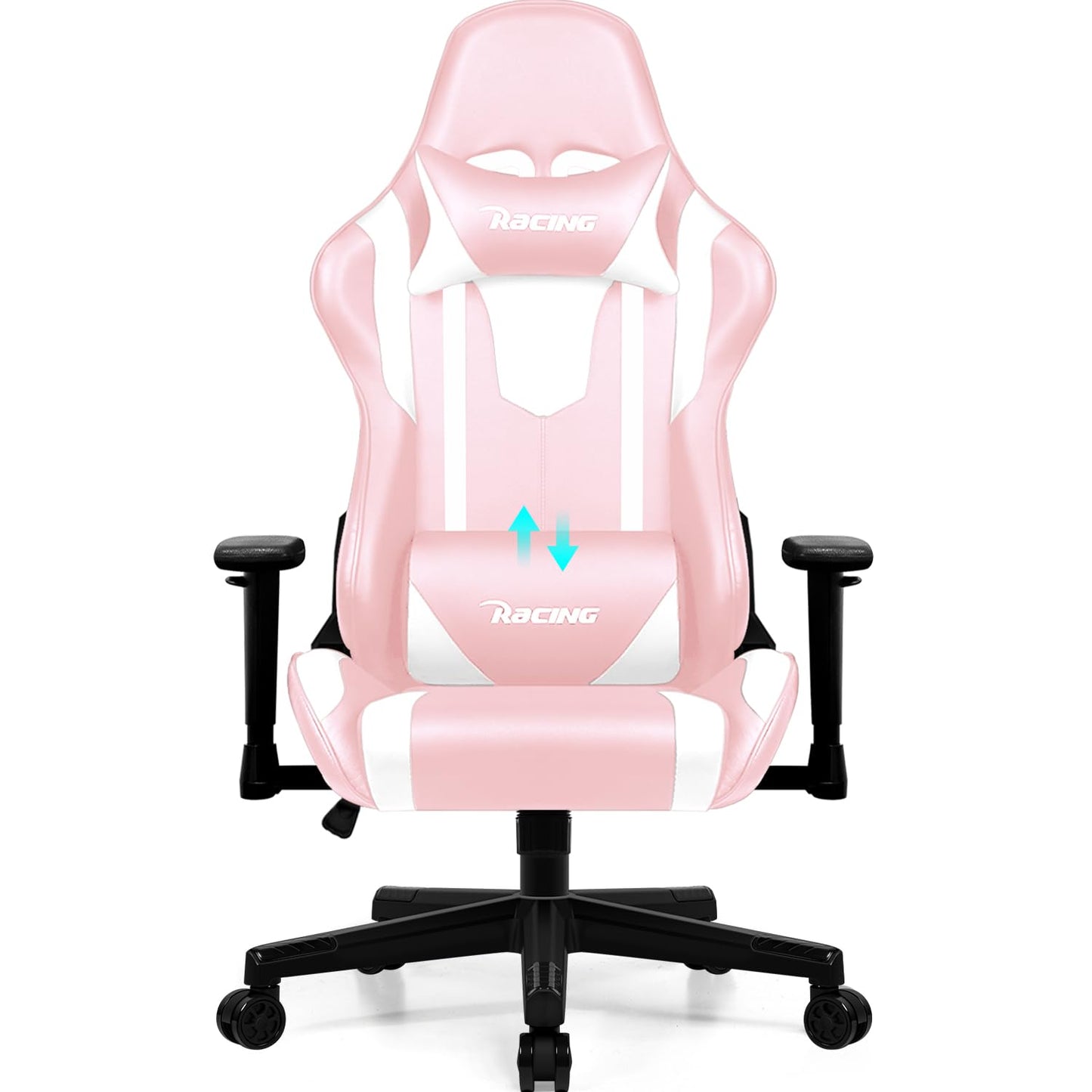 Homimaster Gaming Chair, Ergonomic Office Chair with Adjustable Lumbar Cushion, Head Cushion and Armrests, Padded Gaming Chair, Gamer Chair with Rocking Function, Gaming Chair 150 kg Load Capacity
