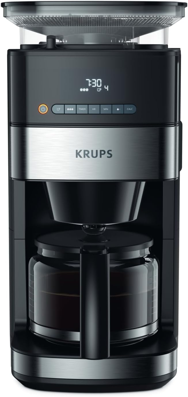 Krups KM8328 Grind Aroma Kaffeemaschine mit Mahlwerk | 24-Stunden-Timer | 180 g Bohnenbehälter | 1,25 L Fassungsvermögen für bis zu 15 Tassen Kaffee | Auto-Off-Funktion | 3 Mahlgrade | Schwarz