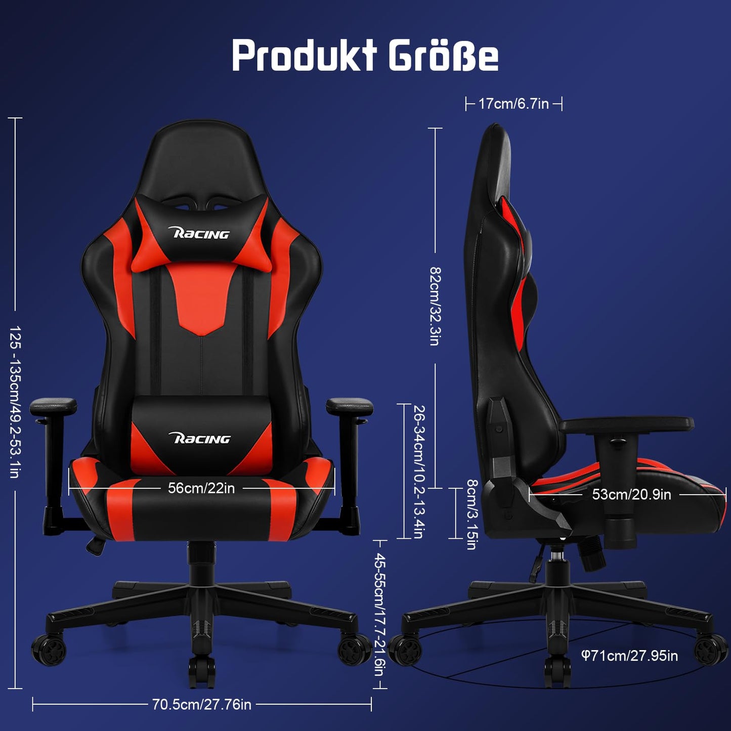 Homimaster Gaming Chair, Ergonomic Office Chair with Adjustable Lumbar Cushion, Head Cushion and Armrests, Padded Gaming Chair, Gamer Chair with Rocking Function, Gaming Chair 150 kg Load Capacity