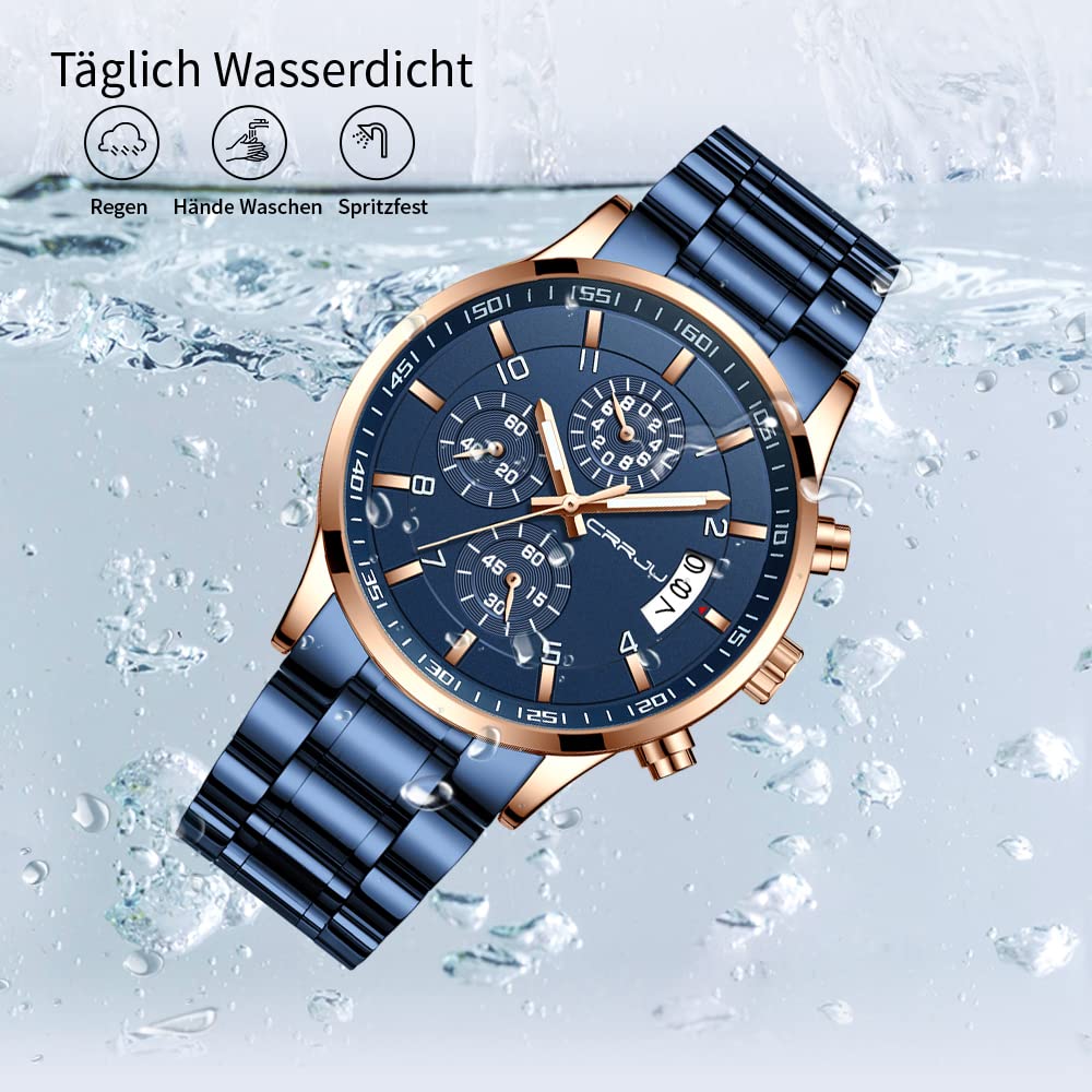 CRRJU Herren Uhr Business Edelstahl wasserdichte Chronographen mit Kalender Armbanduhr Edelstahlband Stoppuhr Analog Quarzuhr