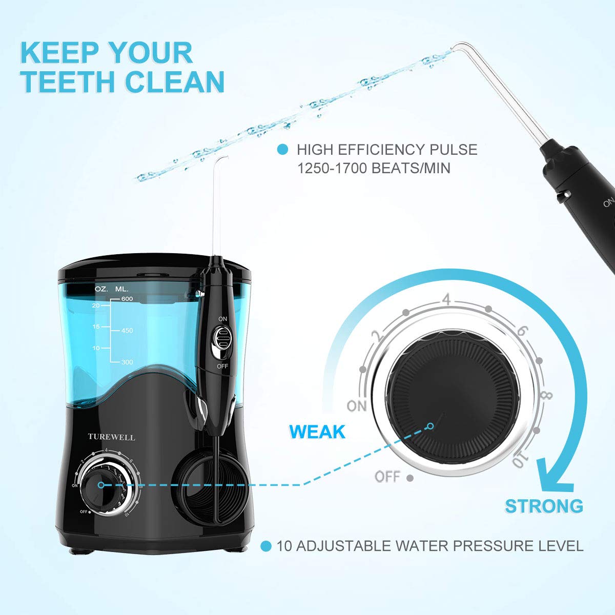 TUREWELL Elektrische Munddusche, Profi-Munddusche mit 10 einstellbaren Wasserdruckwerten, 600ml Fassungsvermögen und 8 multifunktionalen Düsenspitzen (Schwarz)