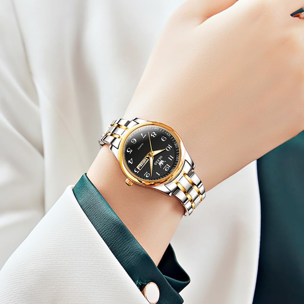 OLEVS Damenuhren Gold Silber Leicht zu Lesen Armbanduhren für Damen mit Kleines Gesicht Tag Datum Edelstahlband wasserdichte