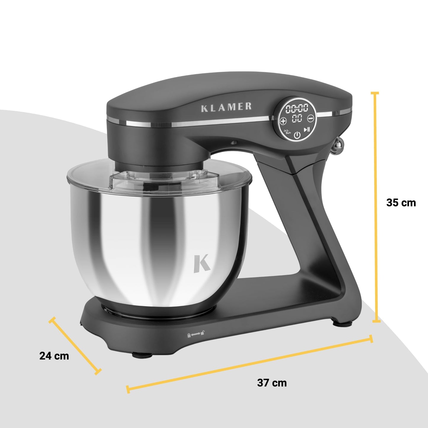 KLAMER Küchenmaschine 1800W, Knetmaschine Brotteig mit Edelstahl-Rührschüssel 6 L, 10 Stufen mit Timer, Planetenrührwerk, Rührbesen, Knethaken, Schneebesen & Sichtdeckel (schwarz)