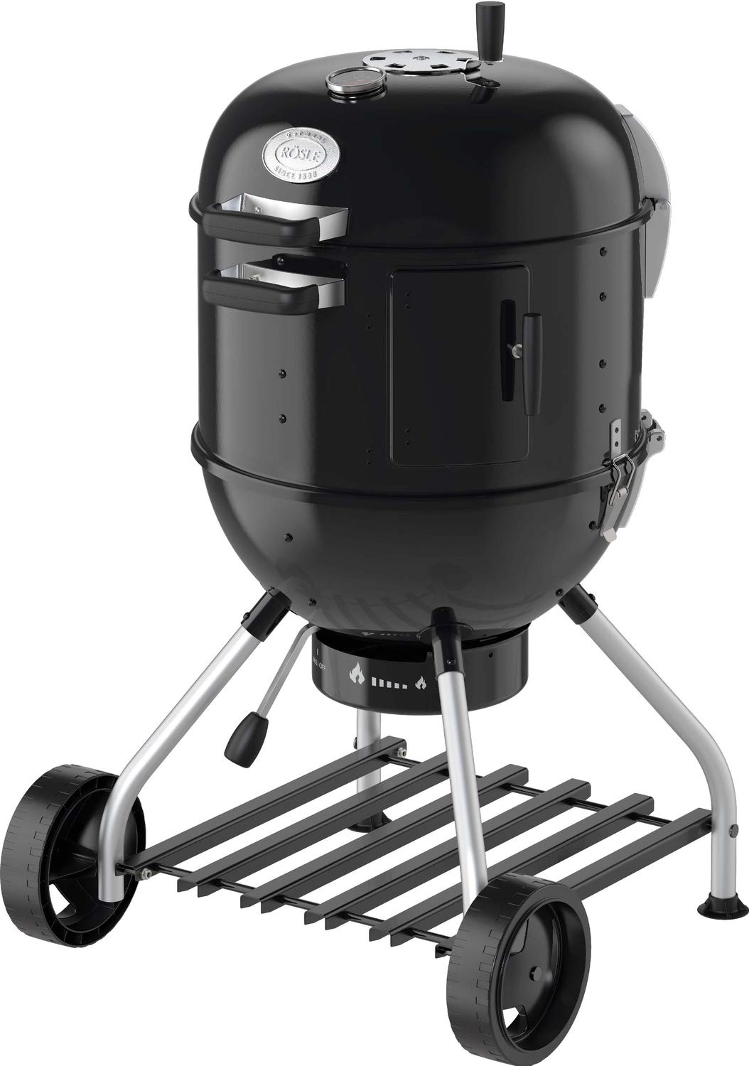 RÖSLE Holzkohle-Kugelgrill No.1 Sport F50, Hochwertiger Kohlegrill mit einstellbarer Luftzufuhr, Deckelscharnier, Deckelthermometer, stabiler Ablage, extra großer Grillfläche und Grillraum