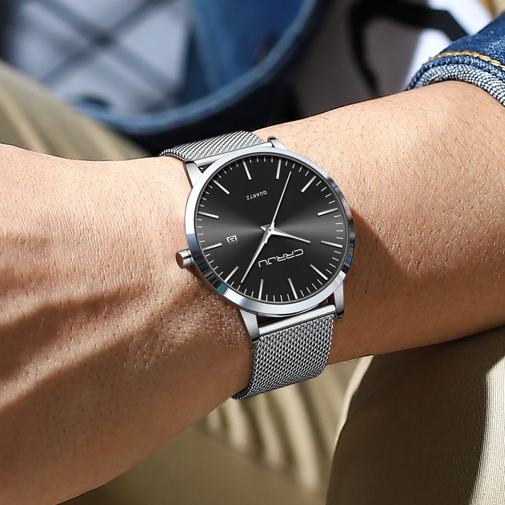 CRRJU Herren Uhr Ultra Dünne Wasserdicht Armbanduhr Herren Mode mit Schwarz Edelstahlband Mesh Analog Quarz Business Männer Uhren