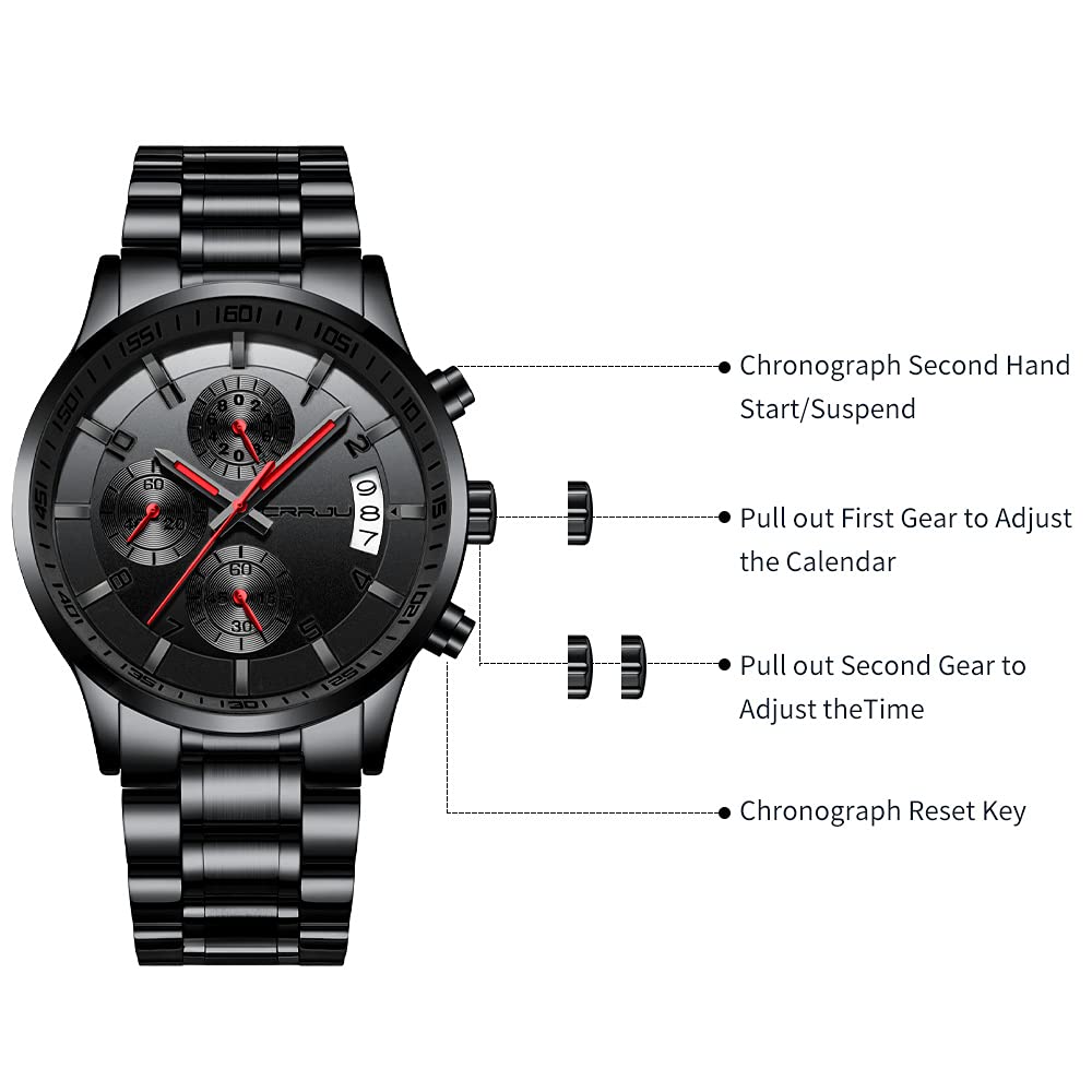 CRRJU Herren Uhr Business Edelstahl wasserdichte Chronographen mit Kalender Armbanduhr Edelstahlband Stoppuhr Analog Quarzuhr