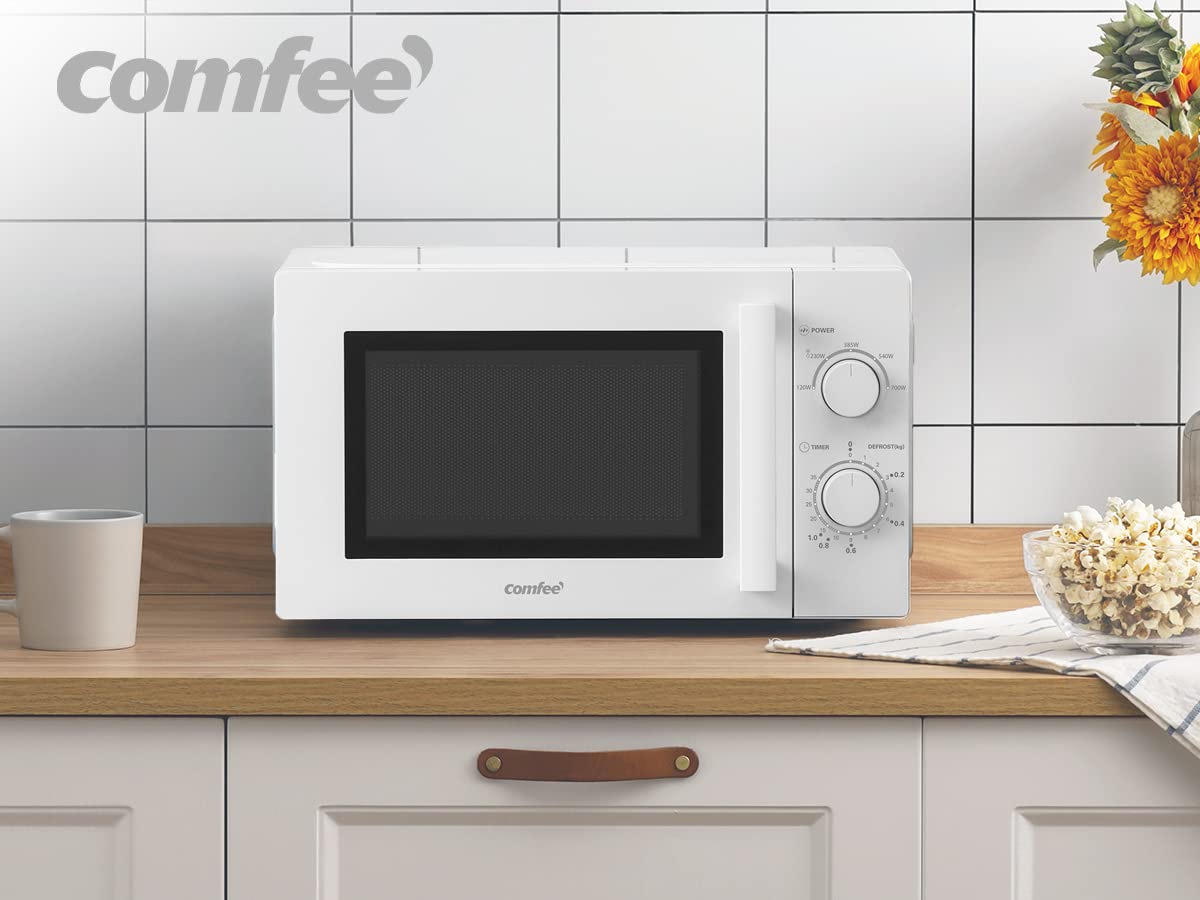 Comfee CMSN 20 wh Mikrowelle / Solo-Mikrowelle mit 5 Leistungsstufen/ Innenbeleuchtung/ easy Defrost/360°Drehteller / Zwei Drehregler/20L/700W/ Weiß, Mechanisch