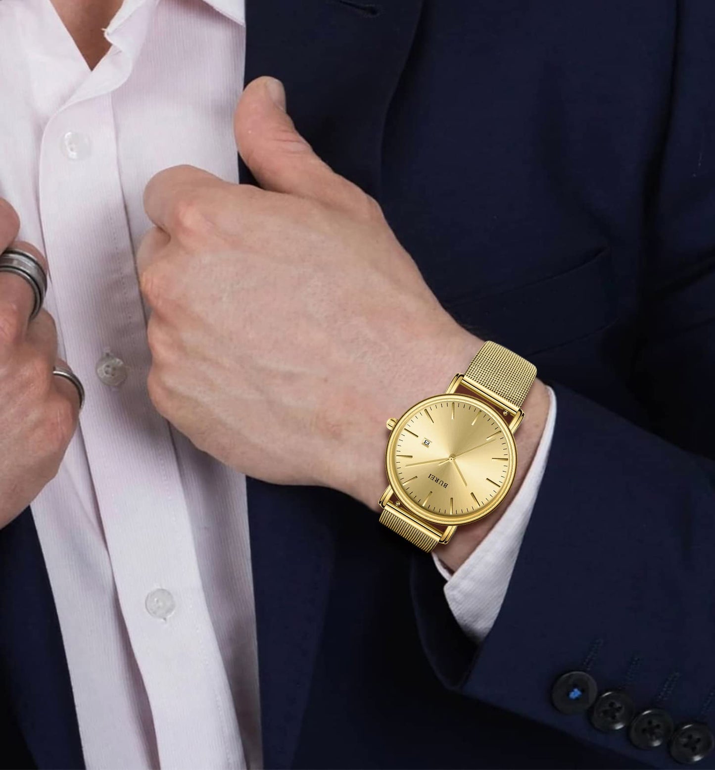 BUREI Ultra Dünne Uhren Herren Schwarze Analoges Datum Armbanduhr Herren mit Japanisches Quarzwerk, Geschenke für Männer