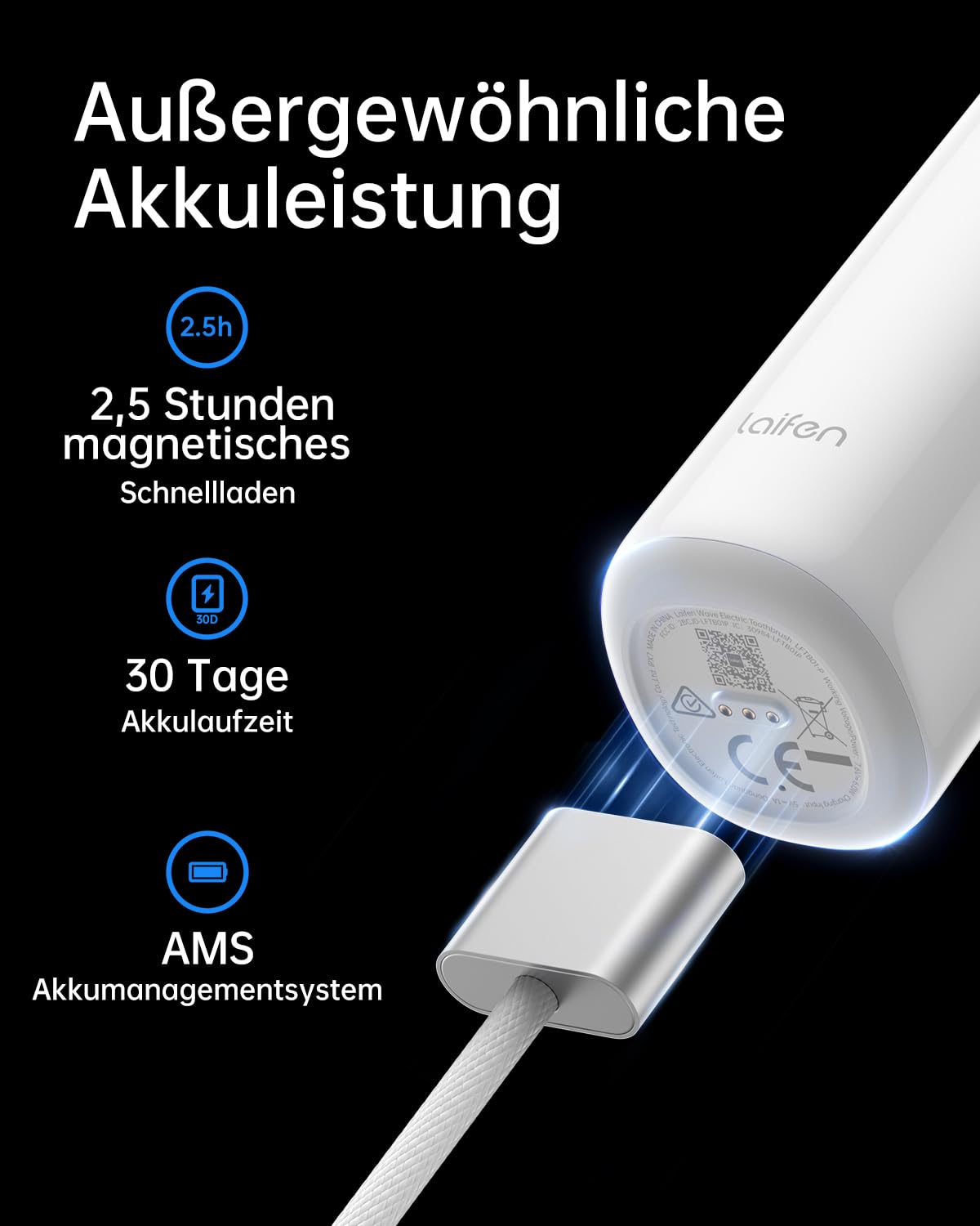 Laifen Wave elektrische Zahnbürste, Oszillation & Vibration elektrische Schallzahnbürste für Erwachsene mit 3 Bürstenköpfen, IPX7 wasserdicht magnetisch wiederaufladbar Reisezahnbürste (ABS weiß)