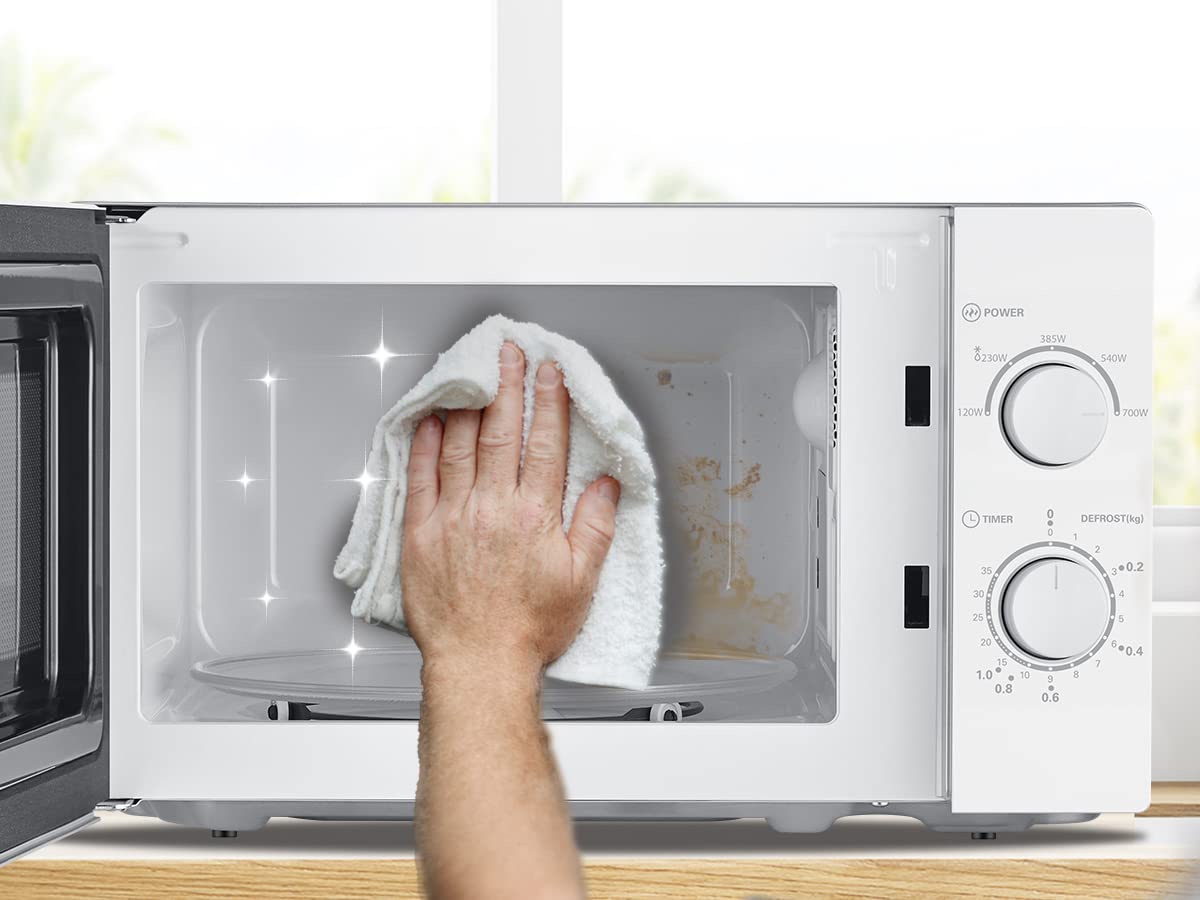 Comfee CMSN 20 wh Mikrowelle / Solo-Mikrowelle mit 5 Leistungsstufen/ Innenbeleuchtung/ easy Defrost/360°Drehteller / Zwei Drehregler/20L/700W/ Weiß, Mechanisch