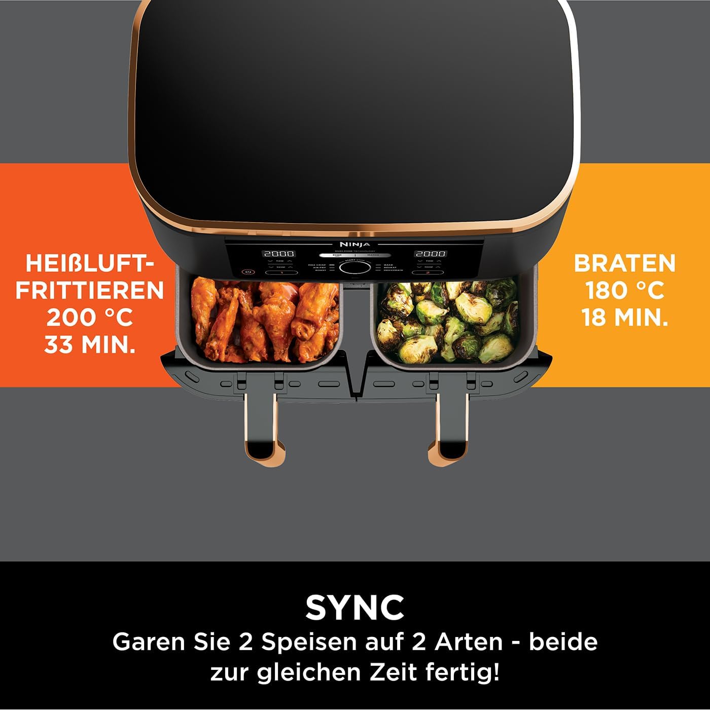 Ninja Foodi MAX Dual Zone Heißluftfritteuse, 9,5L Airfryer, 2 Fächer, mit Zange, Antihaftbeschichtung, spülmaschinenfeste Körbe, 6-in-1, Kupfer/Schwarz