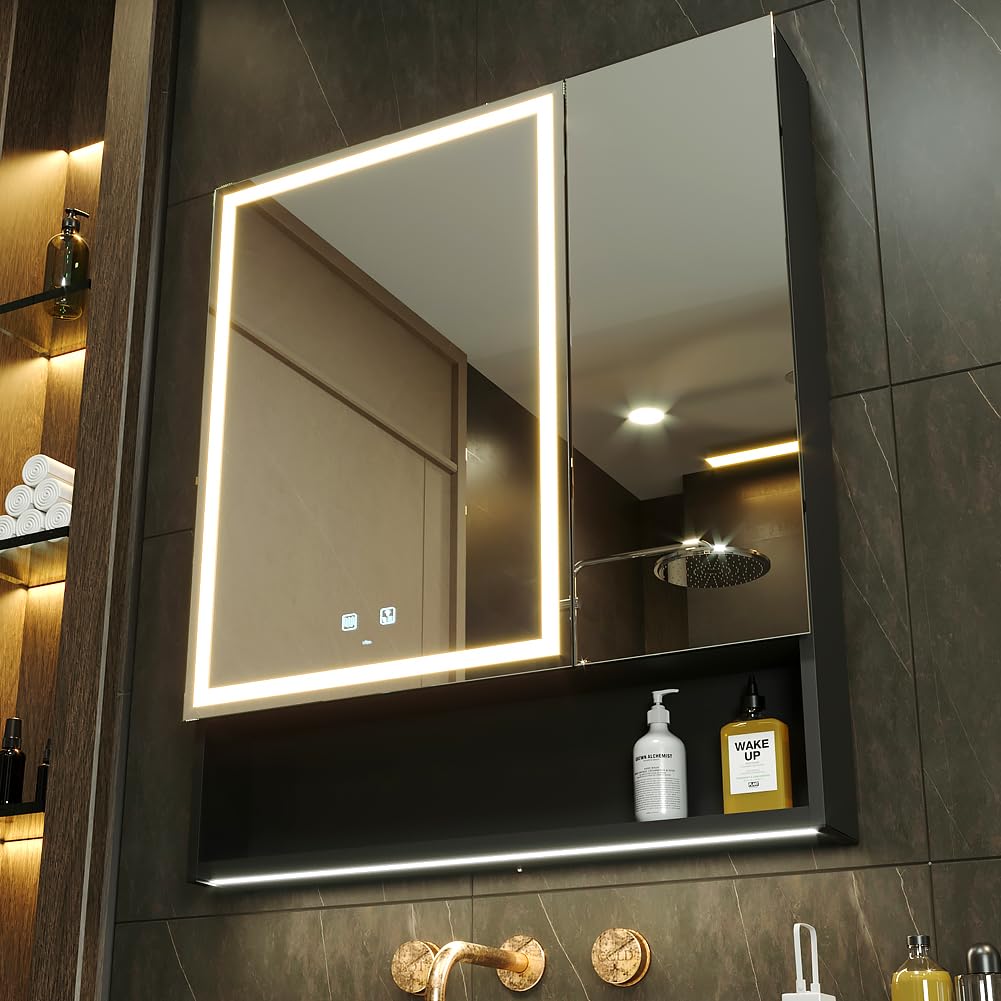 KWW LED Beleuchtetes Badezimmer Medizin Kabinett mit Spiegel, Farbtemperatur Einstellbar, Anti-Nebel Dimmbare Lichter, Steckdosen für USBs (80 x 70 cm)